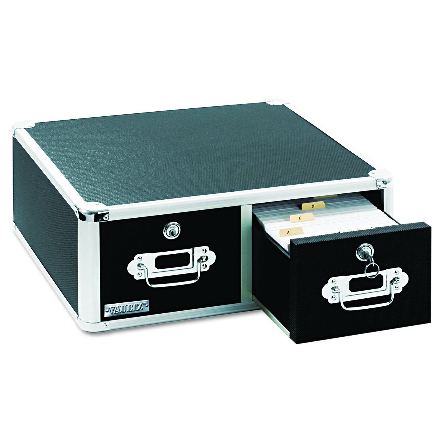 Vaultz Locking 4 x 6 Index Card Cabinet with Double Drawer - Secure Black File Storage Box for Office, School & Home Organization (VZ01395) | Perfect for Document Filing, Recipe Cards & Important Papers