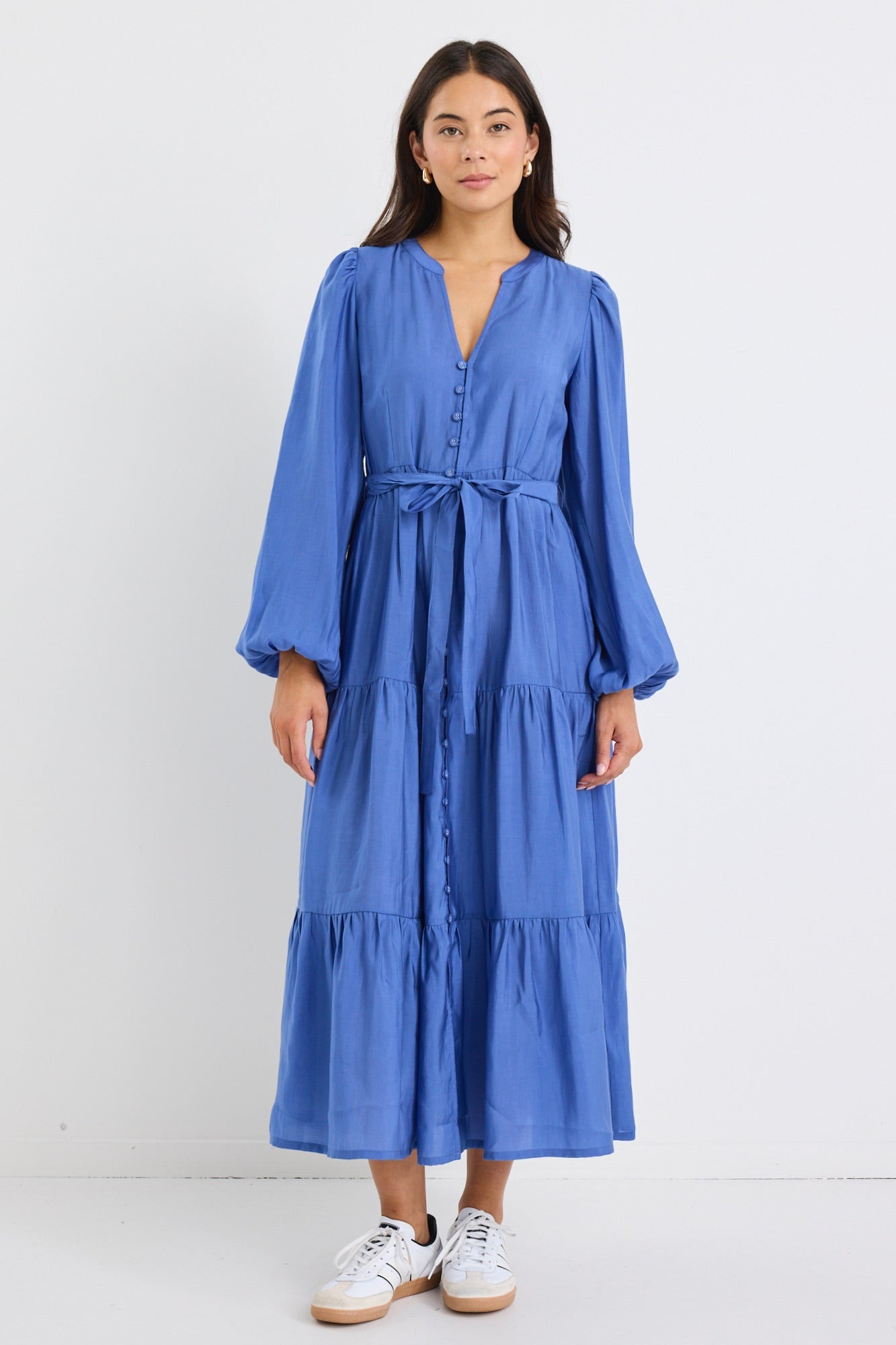 Applause Women's Ocean Blue Balloon Sleeve Button Front Midi Dress - Perfect for Summer Weddings, Beach Vacations & Date Nights