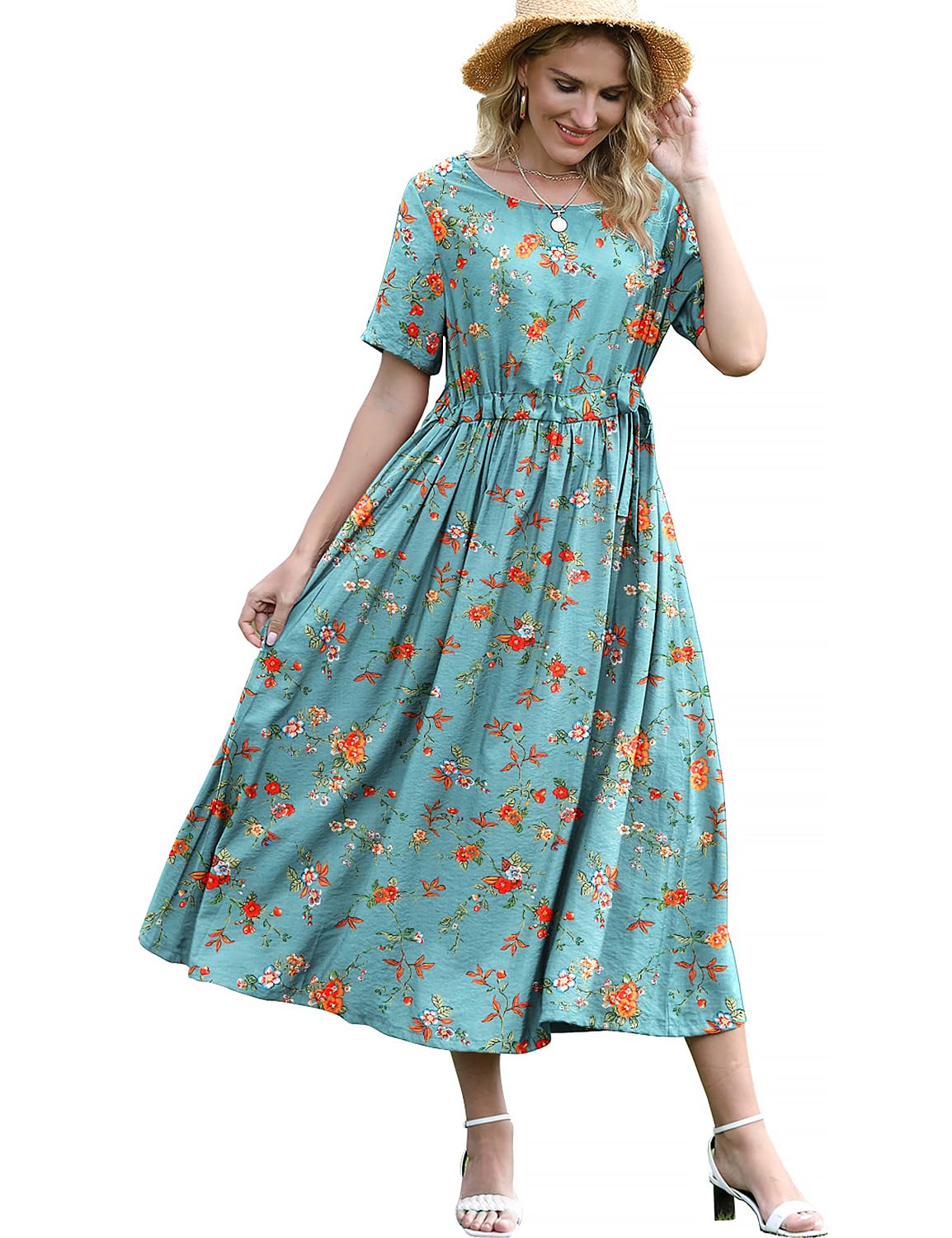 YESNO Women's Floral Boho Maxi Dress with Belt - Summer Casual Short Sleeve Beach Dress 2022 | Perfect for Vacations, Outdoor Parties & Boho-Chic Style