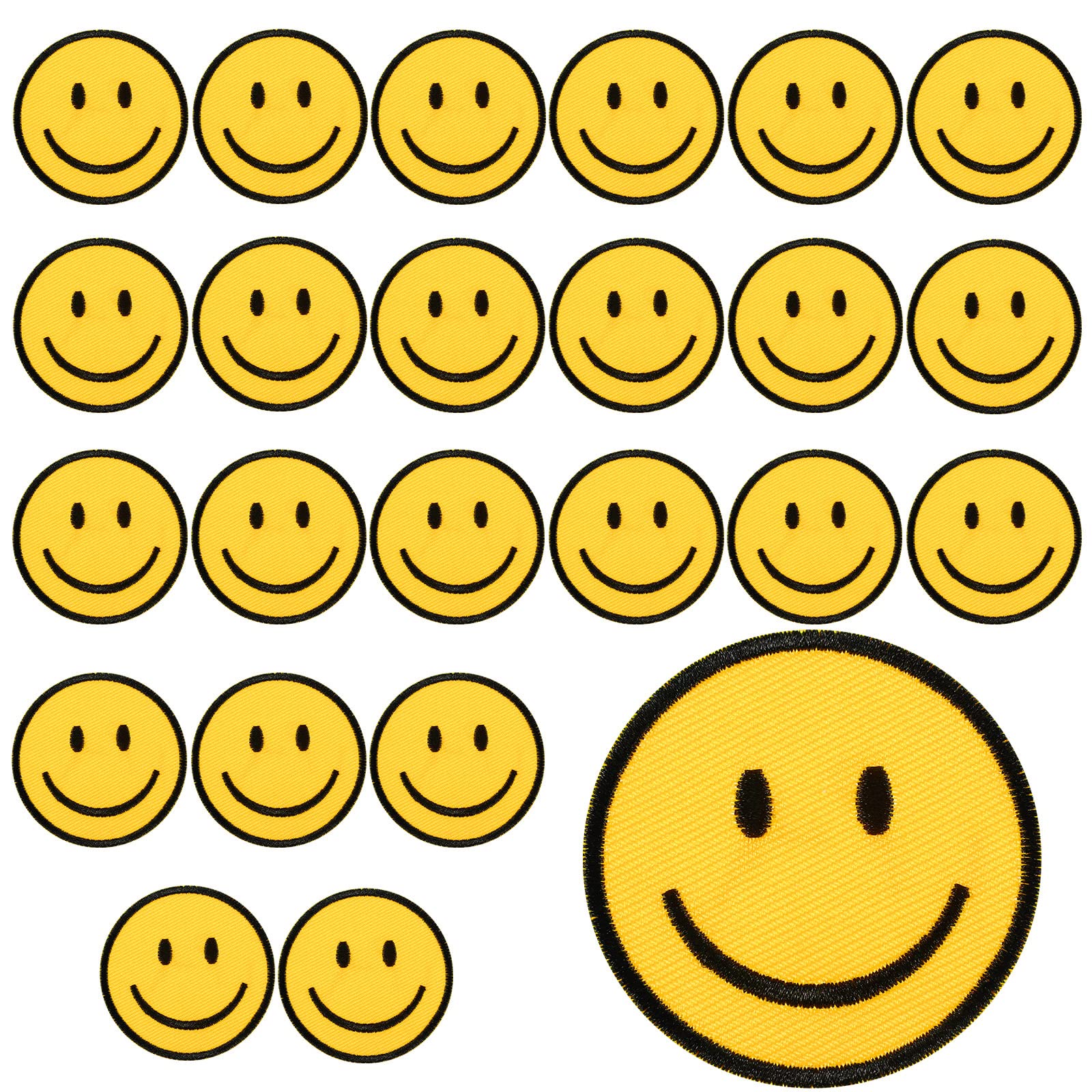 24 Pieces Smile Face Iron On Patches - Yellow Happy Face Embroidered Applique for DIY Clothes, Jeans, Bags, Hats & Jackets - Vintage Cute Sewing Decor for Kids & Adults (Great for Costumes, Gifts & Craft Projects)