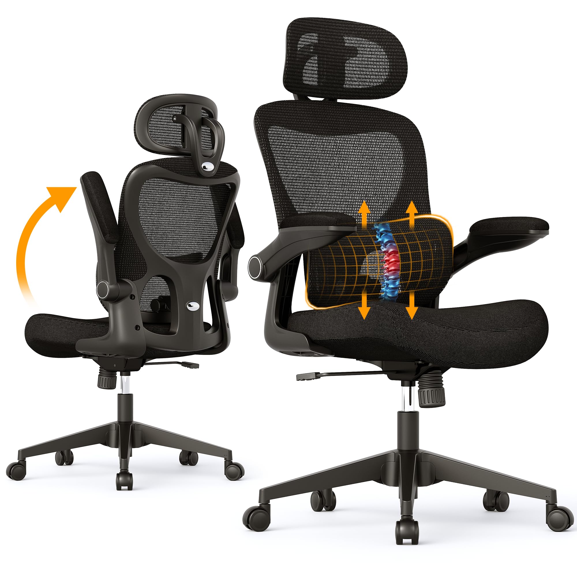 Premium Ergonomic Office Chair - High Back Mesh Computer Gaming Chair with Adjustable Lumbar Support, Flip-Up Arms & Headrest | BIFMA Certified for Home Office, Gaming & Workspaces | Tilt Function, Wide Seat Cushion & Smooth Swivel Wheels for All-Day Comfort