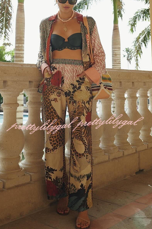 Tropical Jungle Tiger Print Long Sleeve Loose Shirt & Elastic Waist Pants Set - Stylish Animal Print Outfit for Women, Casual Wear, Vacation Outfits, and Street Fashion