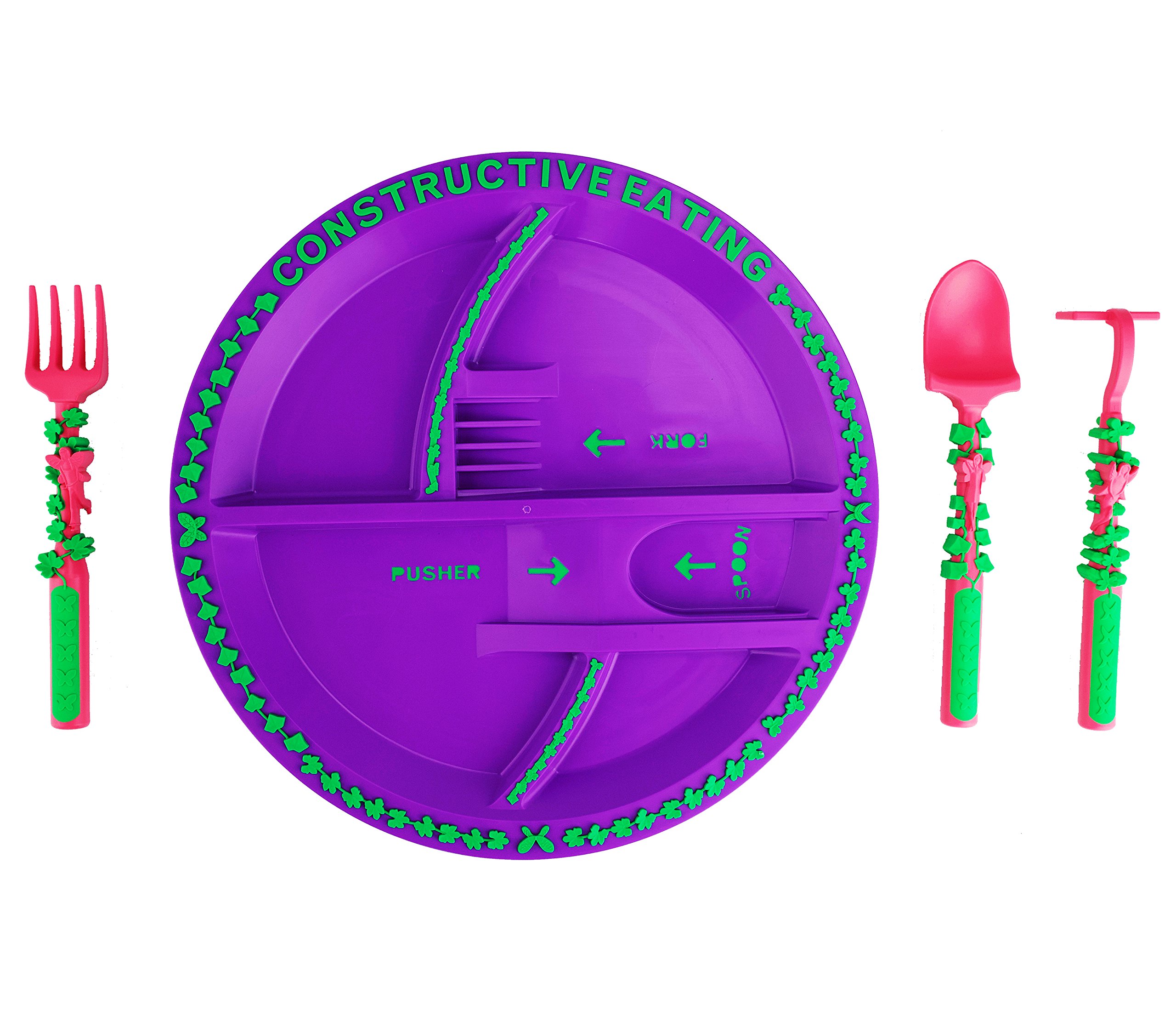 Constructive Eating USA-Made Toddler Utensil Set - 3 Construction, Dinosaur & Fairy Themed Plates with Forks & Spoons for Babies & Kids | BPA-Free, Dishwasher Safe | Perfect for Daycare, Preschool & Family Meals