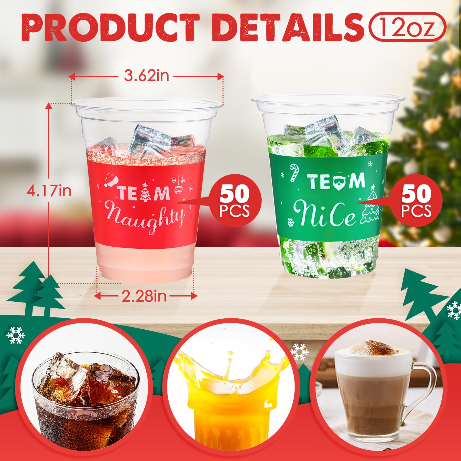 100-Pack 12 oz Christmas Plastic Cups - Naughty or Nice Design, Disposable Party Cups for Beer, Drinks & Snacks - Perfect for Xmas Decorations, Holiday Gatherings & Office Celebrations