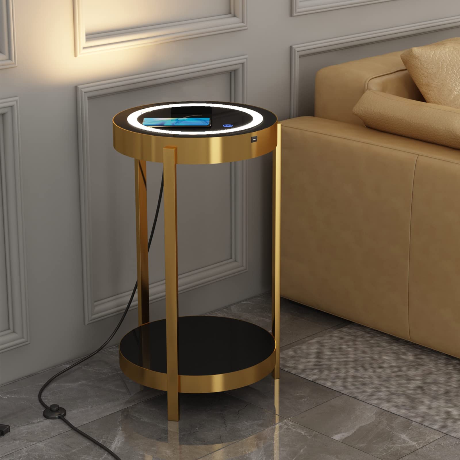 Gold Round Side Table with USB Port & Wireless Charging - 14