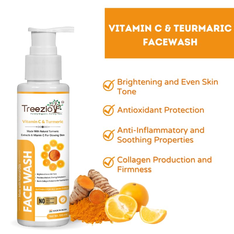 Treezio Vitamin C & Turmeric Face Wash (100ml) - Brightening & Nourishing Facial Cleanser for Glowing Skin | Natural Turmeric & Vitamin C Face Wash for Men & Women | Paraben & Silicone Free | Perfect for Daily Skincare Routine & Acne-Prone Skin