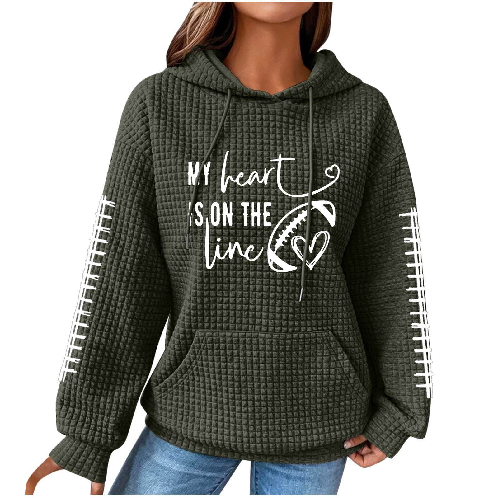 My Heart is On The Line Waffle Hoodie - Women's Long Sleeve Pullover Sweatshirt with Pocket | Cozy Casual Wear for Fall & Winter Outfits