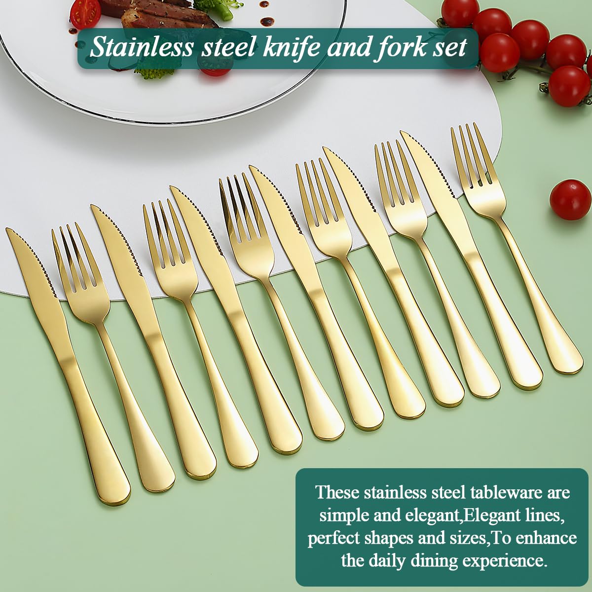 Premium 12-Piece Gold Steak Knives Set - 6 Titanium-Plated Stainless Steel Dinner Knives & 6 Forks - Dishwasher Safe Cutlery for Steak, BBQ, and Fine Dining