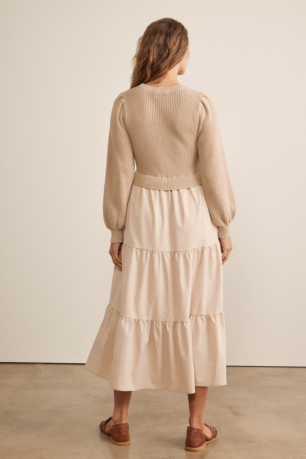 Beige Sweater Top Tiered Midi Dress for Women - Cozy Knit Casual Outfit for Fall & Winter | Perfect for Office, Date Night & Holiday Parties