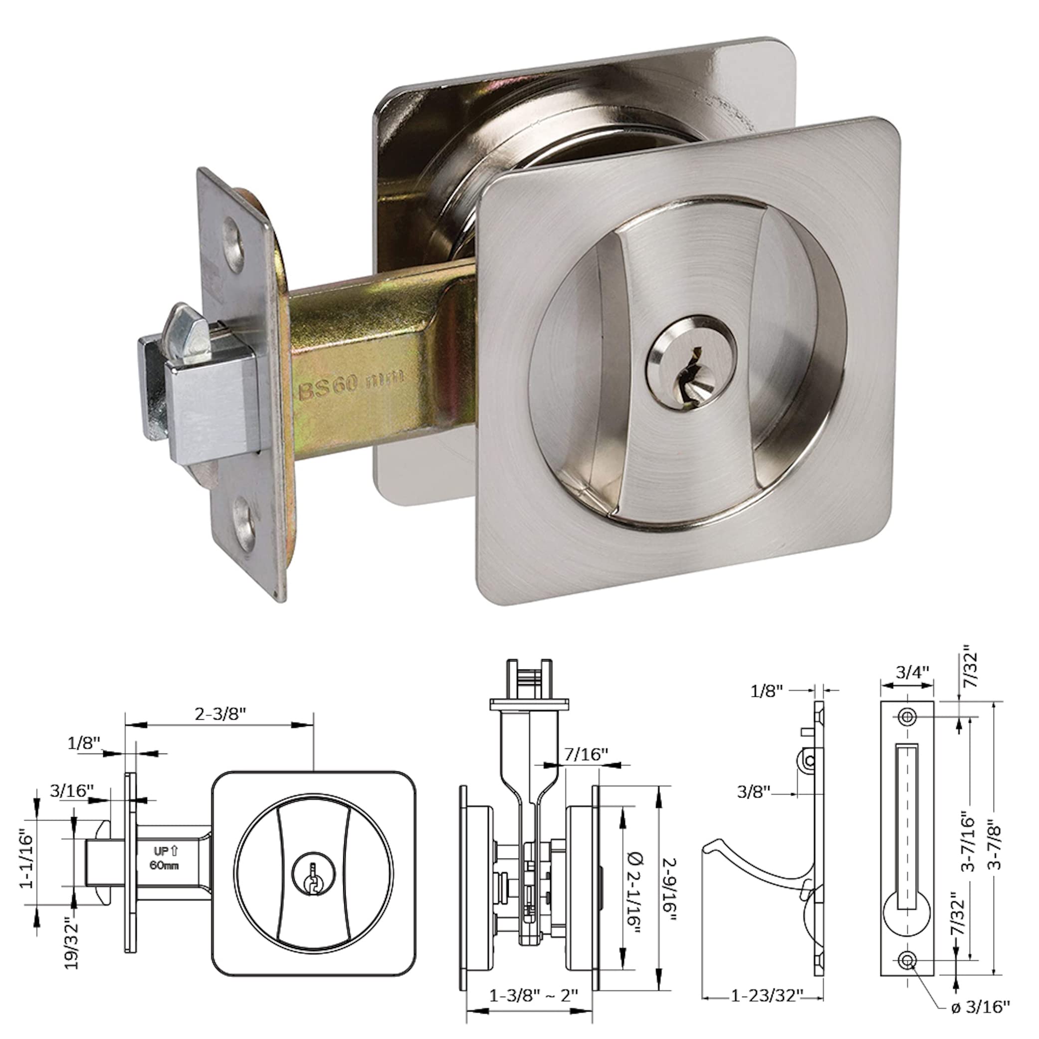 Delaney Hardware 370009 Contemporary Square Pocket Door Lock - Satin Nickel Finish with Key - Secure Sliding Door Lock for Bedrooms, Bathrooms & Closets