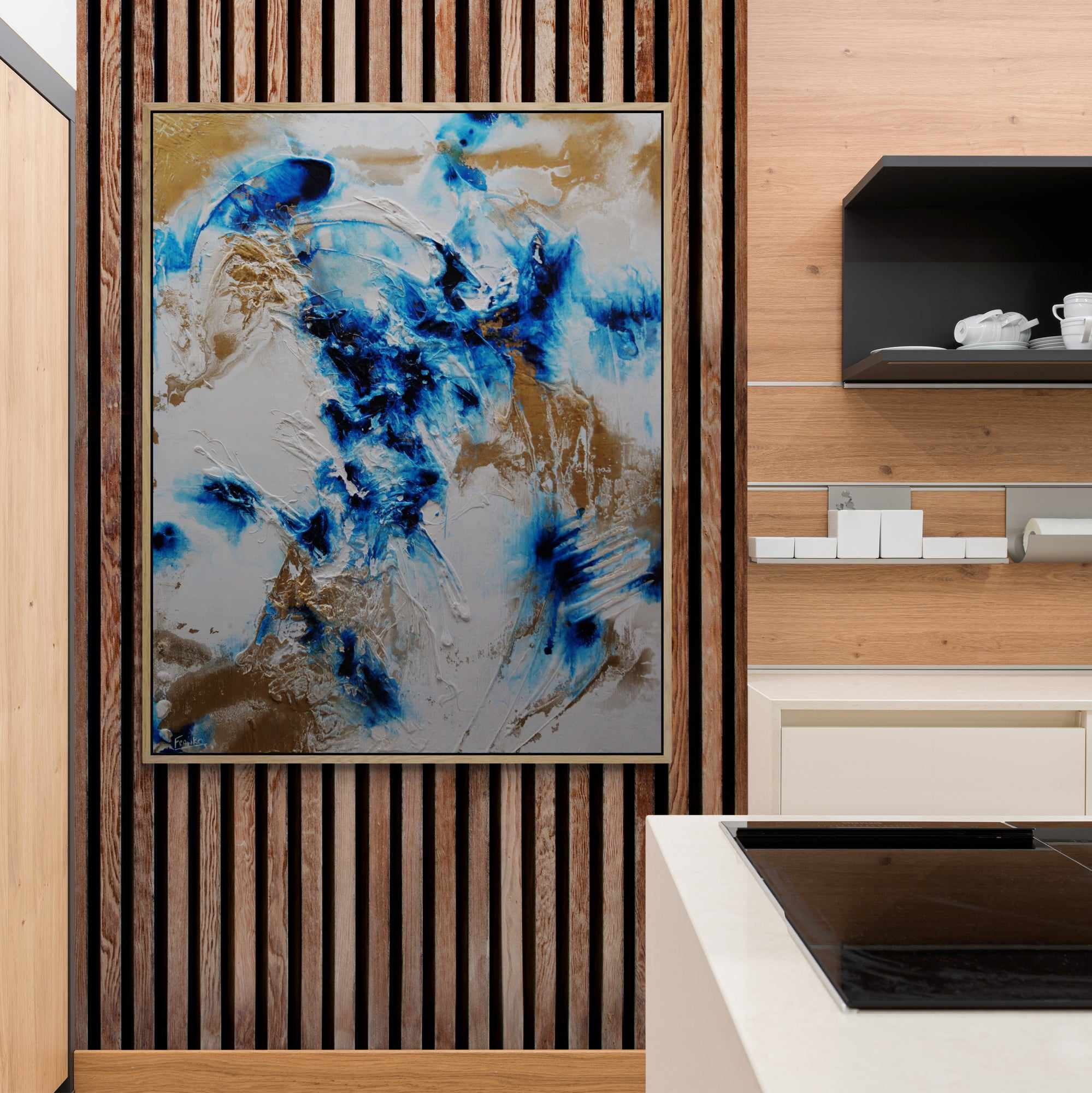 120cm x 150cm White Blue Gold Textured Abstract Canvas Painting - Modern Ice Gold Wall Art for Living Room, Bedroom & Office Decor