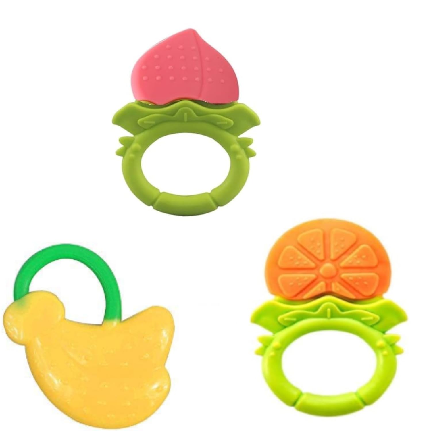 Joy Buzz Fruit Shape Teether Set of 3 - Soft & Safe BPA-Free Silicone Baby Teething Toys for Infants (Peach, Yellow, Banana) | Perfect for Soothing Sore Gums During Teething & On-The-Go Comfort