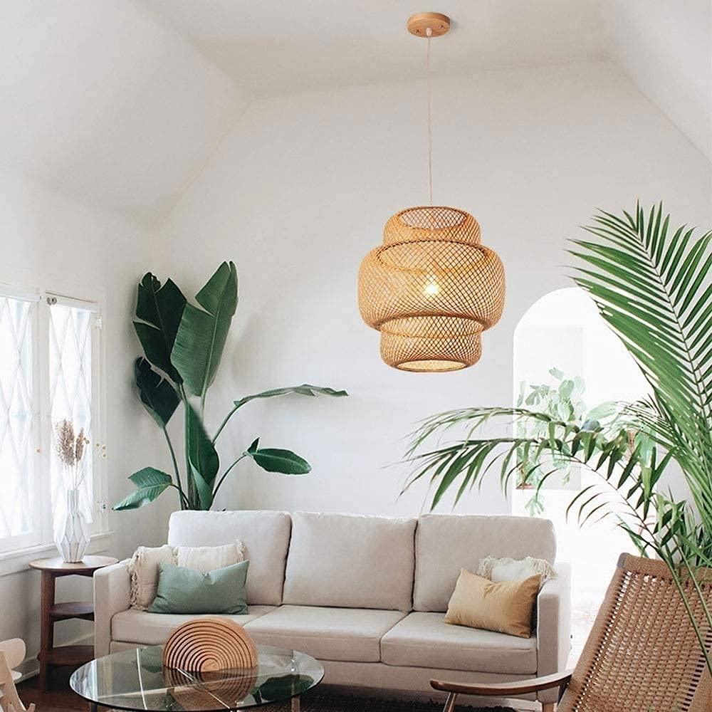 Modern Chinese Style Bamboo Hanging Lamp - Hand-Woven Art Lantern Chandelier with Bamboo Wicker Lampshade E27 Socket - Perfect for Living Room, LOFT, Bedroom & Dining Room Lighting Decor