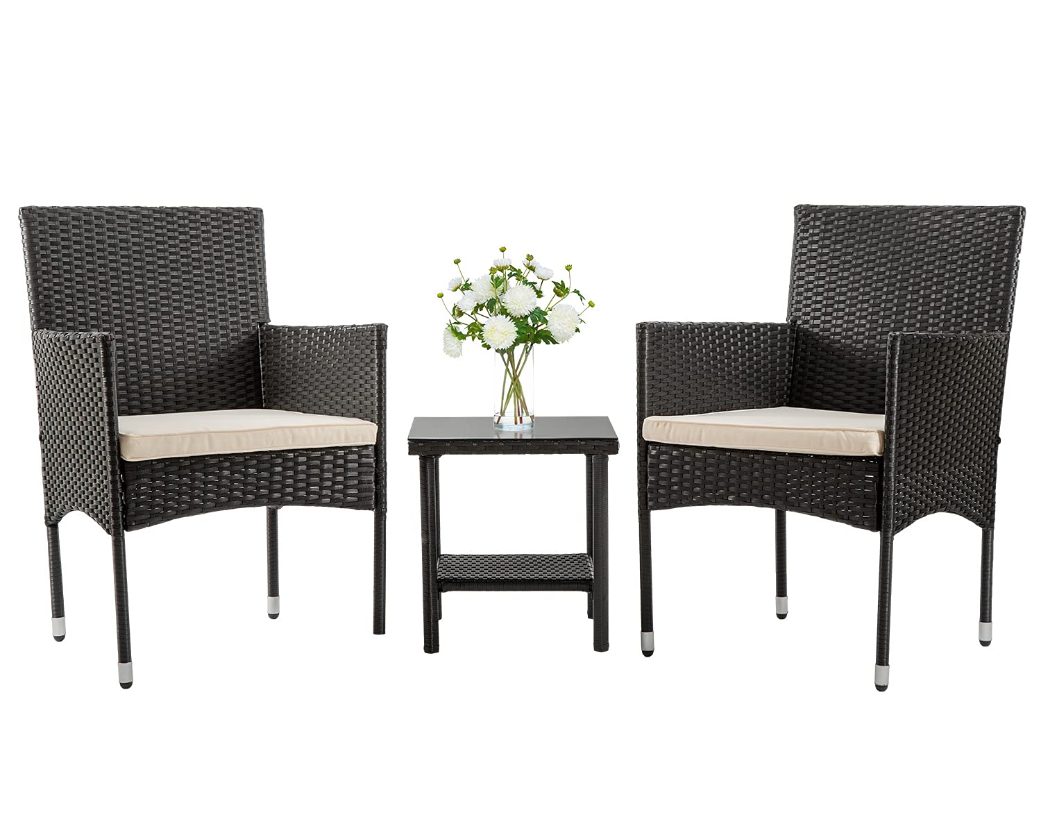 3-Piece Outdoor Patio Furniture Set - Black Wicker Bistro Table & Rattan Chairs Conversation Set for Garden, Porch, Yard - Perfect for Coffee Breaks & Relaxing Outdoors