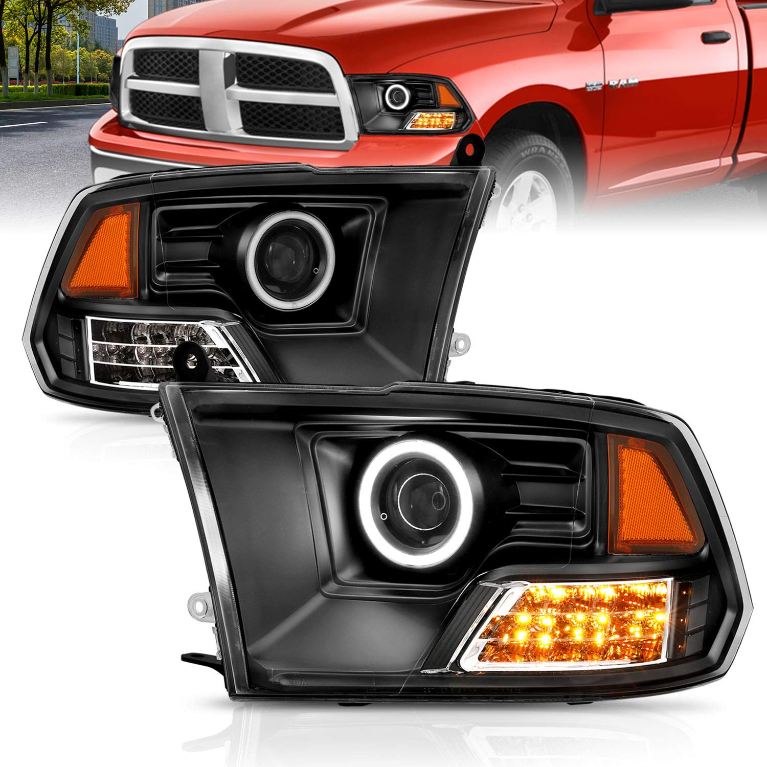 Ultra-Bright AmeriLite Black LED Projector Headlights with Halo for Dodge Ram - Left & Right Side (Perfect for Night Driving & Off-Road Adventures)