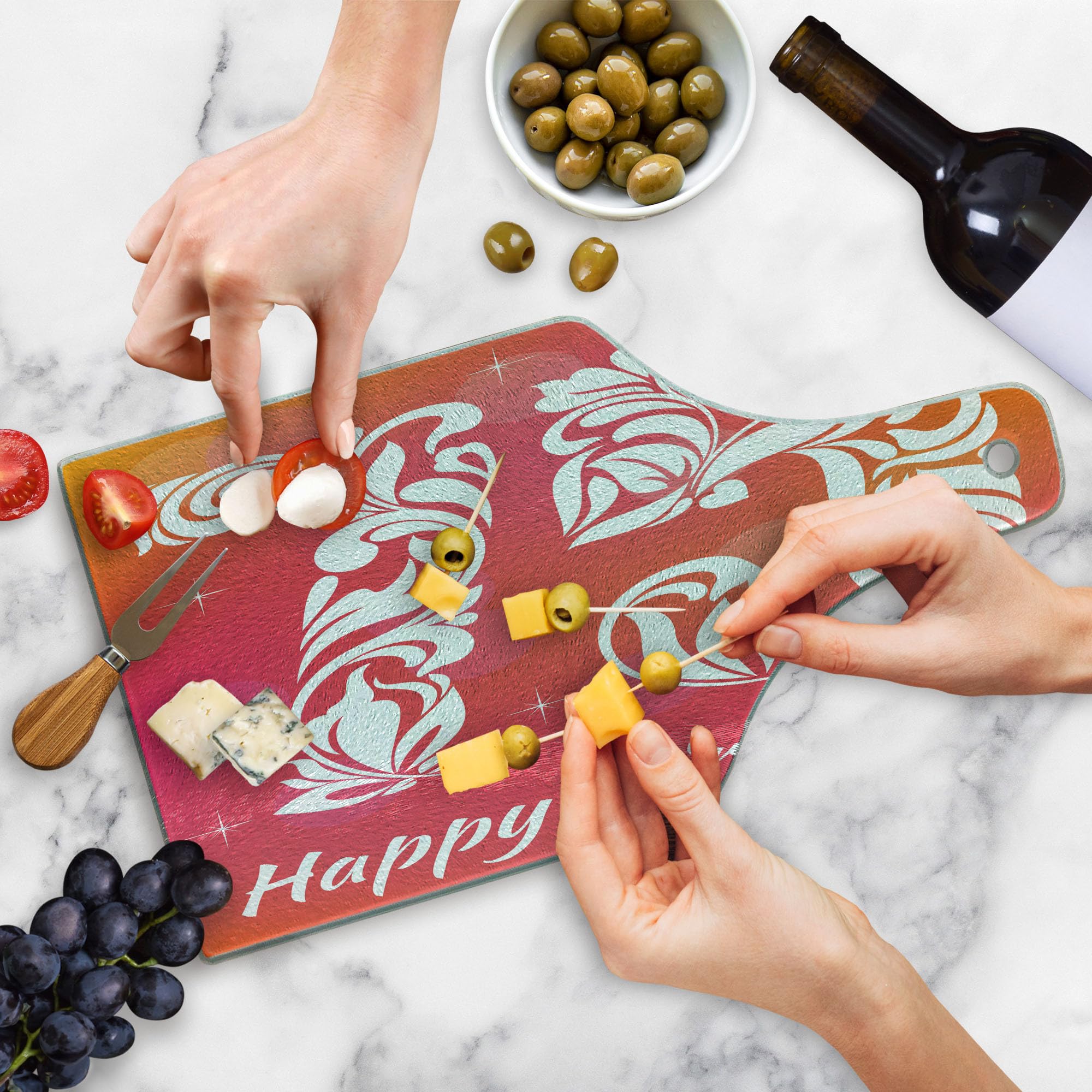 Ambesonne 75th Birthday Cutting Board - Tempered Glass Serving Board with Floral Swirls & Stars Design - Wine Bottle Shape in Pink, Orange & White - Perfect for Anniversary Gifts, Party Decor & Kitchen Use