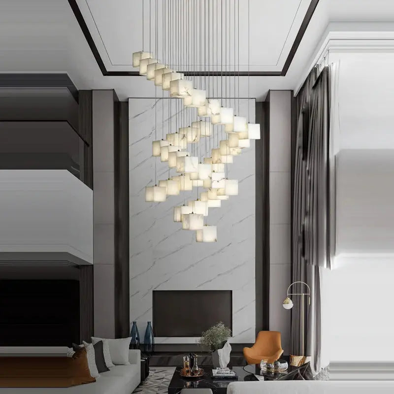 White Marble LED Cube Chandelier - 7/9/18/25/36 Lights Modern Ceiling Fixture for Dining Room, Living Room & Bedroom Lighting