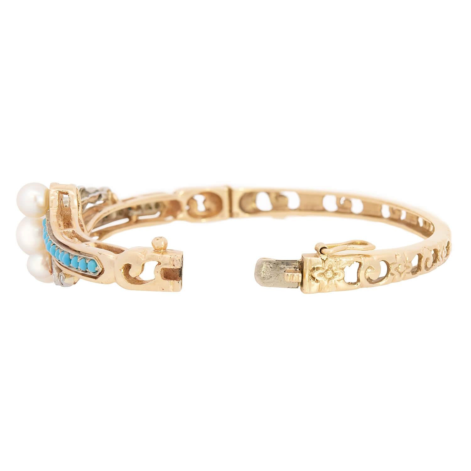 Victorian Style 14K Gold Pearl, Turquoise & Diamond Bangle Bracelet - Elegant Jewelry for Weddings, Anniversaries & Special Occasions