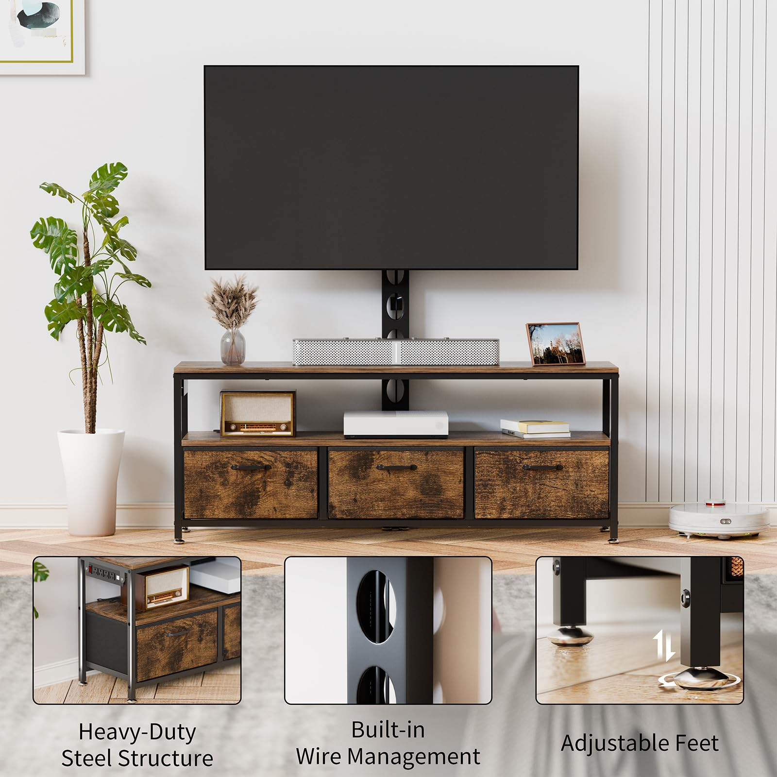 JUSTOGO Rustic TV Stand with Mount & Power Outlet - Height Adjustable Media Console with Storage Drawers for 45/55/60/65 Inch TVs - LED Entertainment Center for Living Room & Bedroom - Perfect for Movie Nights & Home Theater Setup
