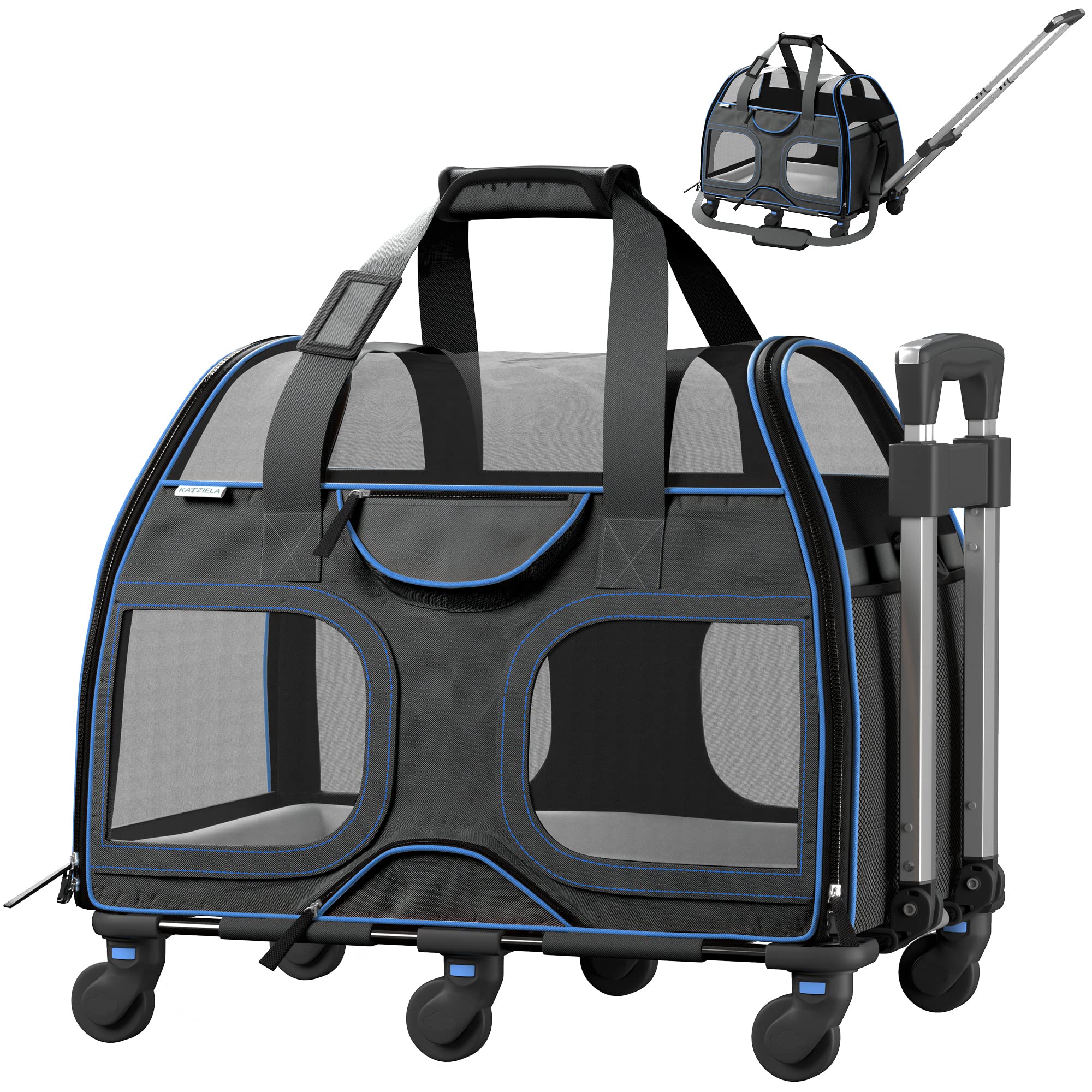Katziela Airline Approved Pet Carrier for Small Dogs & Cats - TSA & FAA Compliant Soft-Sided Travel Carrier - Perfect for Airplane, Car, and Outdoor Adventures (Black/Blue)