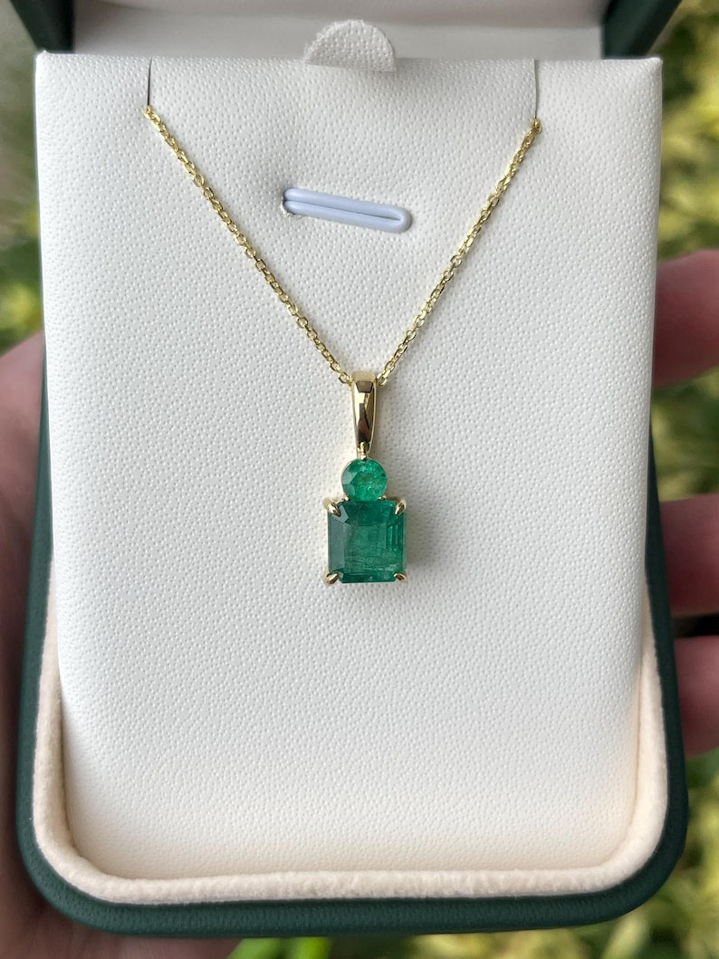 4.46tcw Zambian Emerald Toi et Moi Necklace - 14K Gold Asscher & Round Cut Pendant for Women - Elegant Bridal Jewelry, Anniversary Gift, Valentine's Day Present