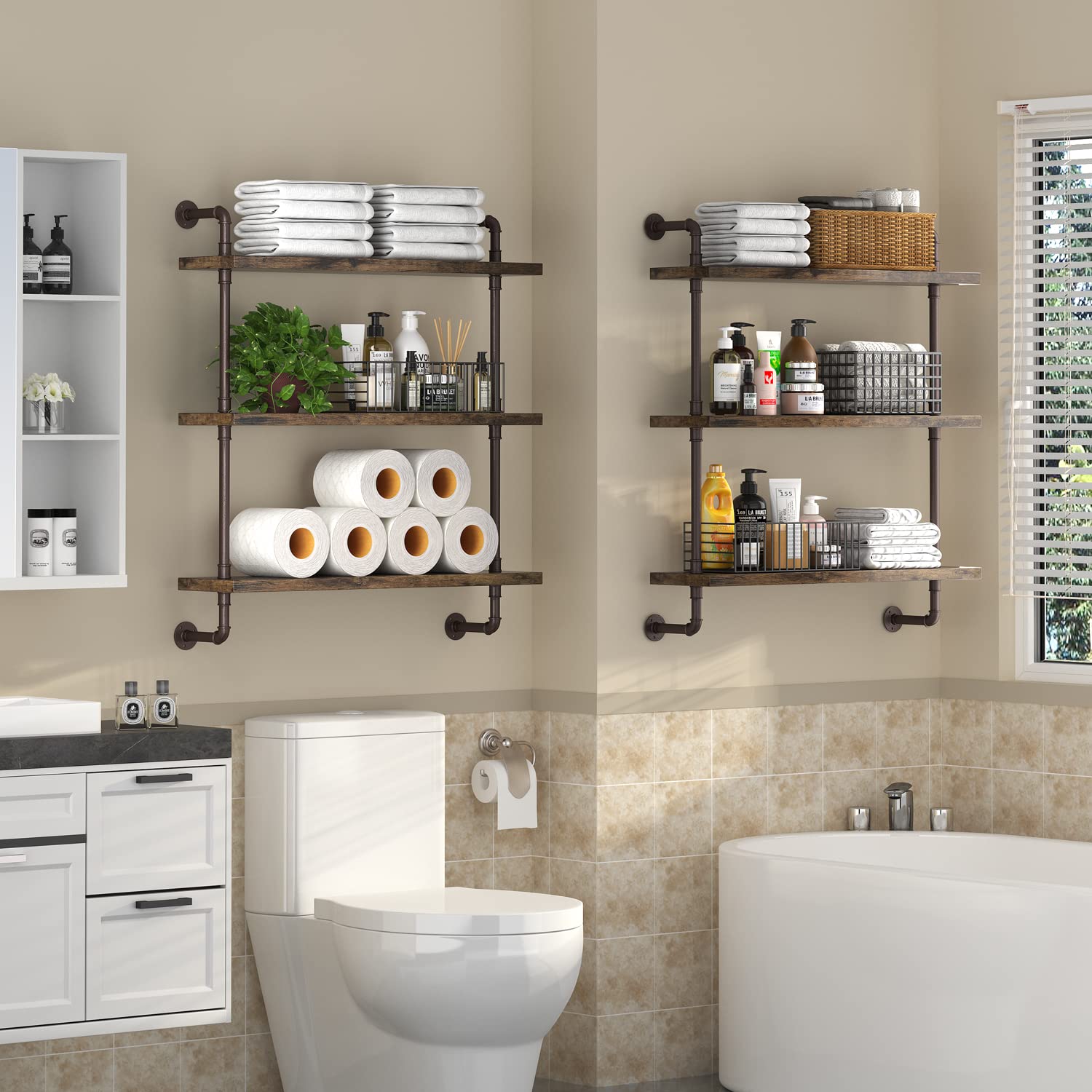 **Industrial Pipe Shelf Wall Mounted - Rustic Wood Floating Shelves, 3-Tier Wall Display Bookshelf - Storage Rack for Kitchen, Office, Bathroom Organization & Home Decor (24inch x 2) - Perfect for Small Spaces, Farmhouse Style & Modern Industrial Decor**