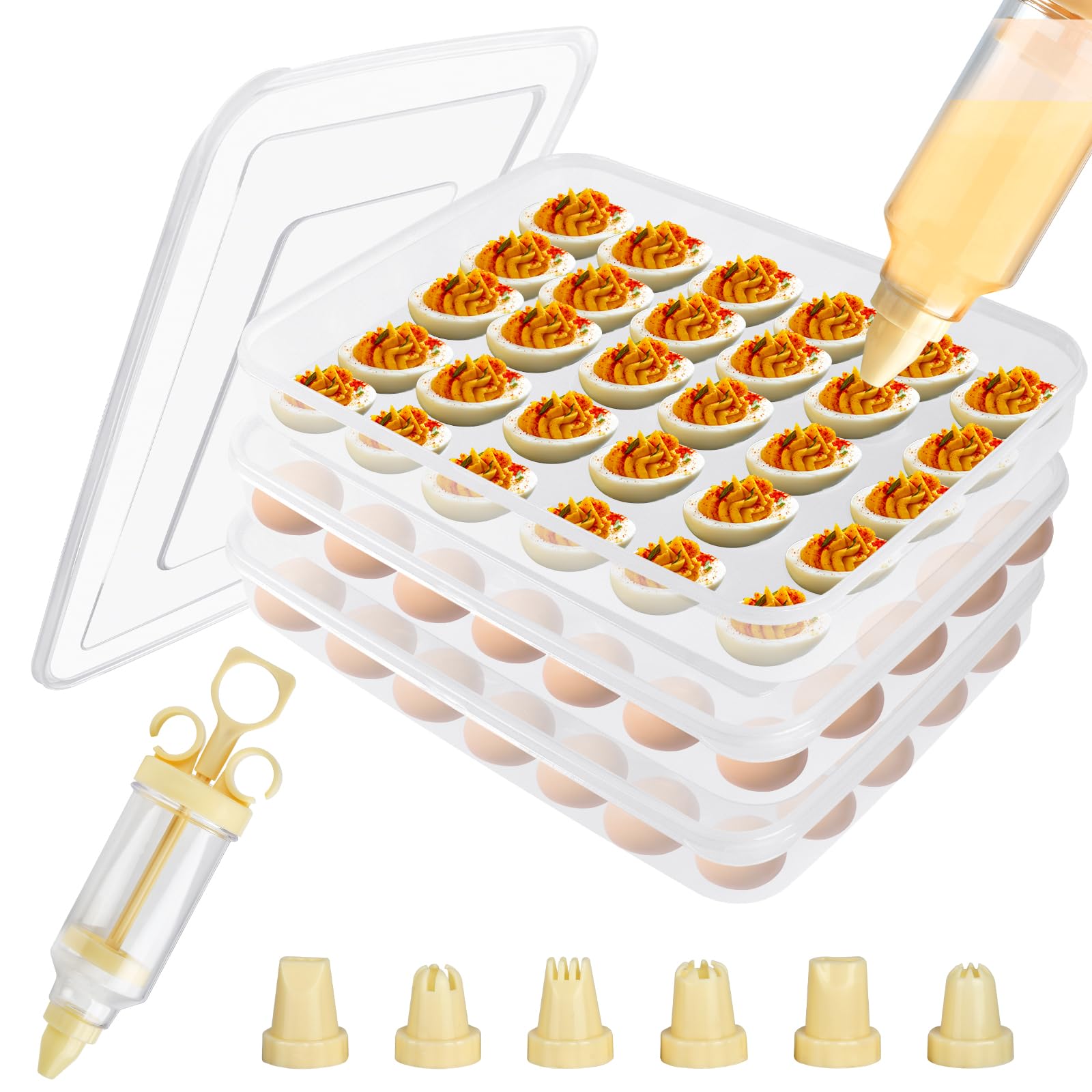 3-Piece Stackable Plastic Deviled Egg Container Set with 90 Slots & Lids - Reusable Egg Carrier Platter with Piping Tools for Easter, Thanksgiving, Picnics & Party Food Serving