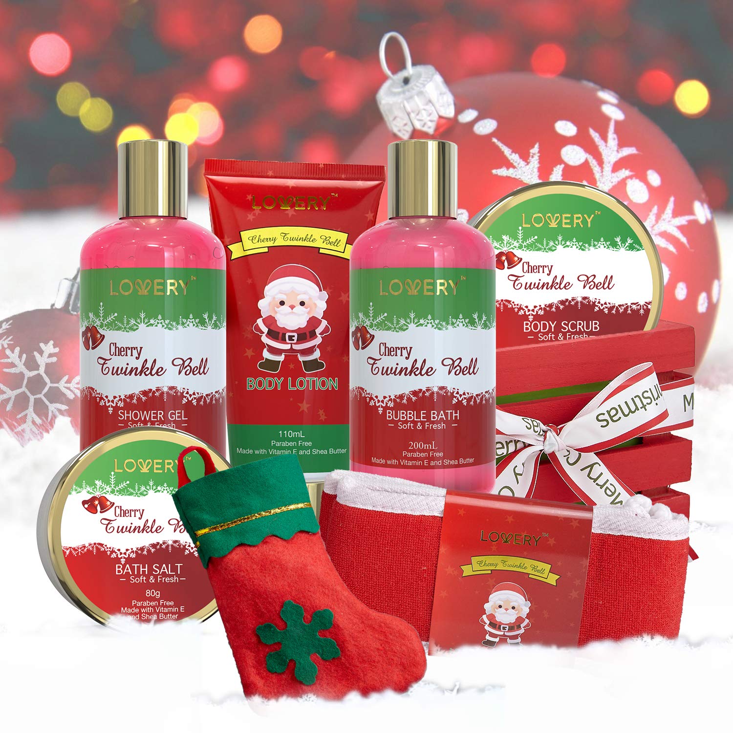 Luxury Cherry Twinkle Bell Christmas Spa Gift Set for Women & Men - Fragrant Body Lotion, Bath Salts, Loofah Scrubber | Perfect Holiday Stocking Stuffer & Relaxing Home Spa Experience
