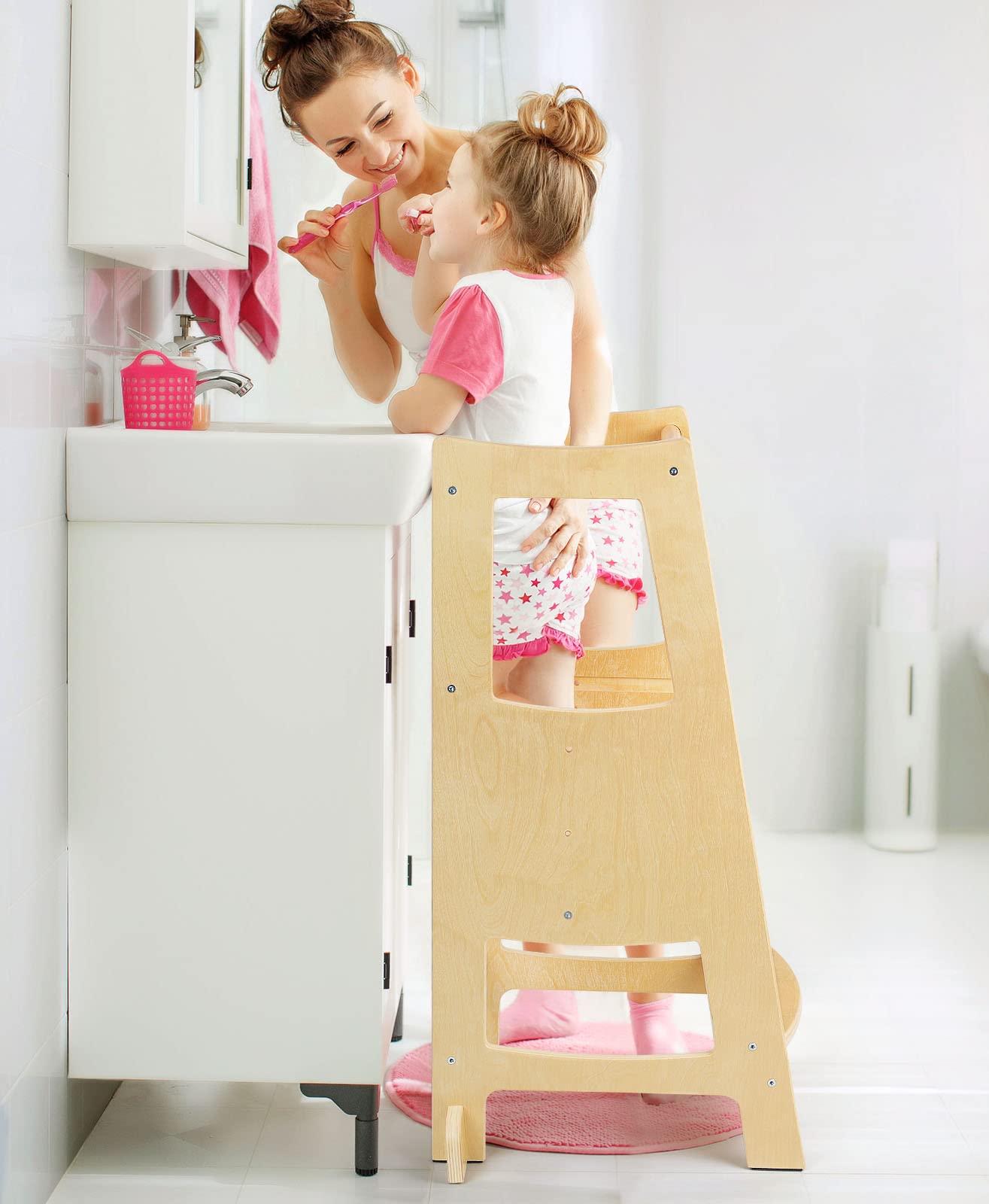 **Adjustable Wooden Toddler Step Stool with Safety Rail - 3 Height Levels for Kitchen, Bathroom & Counter - Safe Kids Step Stool Helper for Learning & Independence**    *(Use Scenes: Perfect for toddlers to safely reach sinks, countertops, or participate in cooking, brushing teeth, and other daily activities.)*