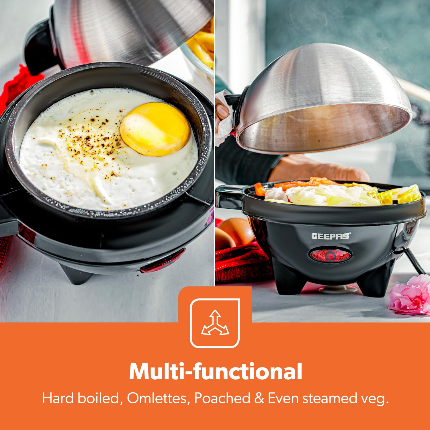Geepas 3-in-1 Electric Egg Cooker & Poacher, 350W | Omelette Maker & Vegetable Steamer with Poaching Bowl | Includes Measuring Cup & Egg Piercer | Cooks 7 Eggs (Soft/Medium/Hard) | Perfect for Breakfast, Meal Prep & Healthy Cooking
