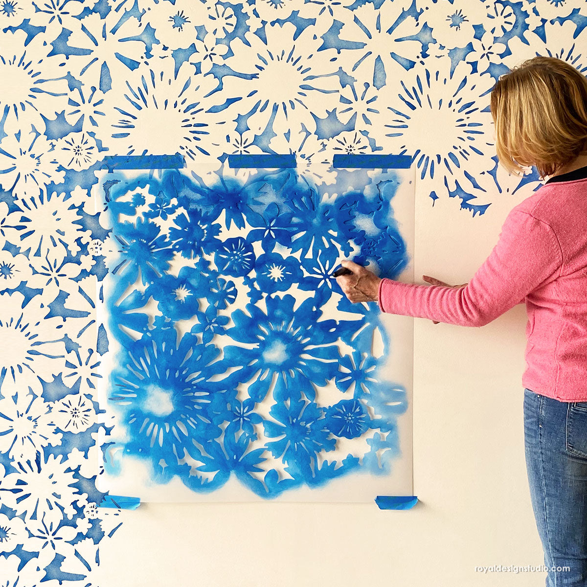 Floral Fireworks Allover Wall Stencil - DIY Home Decor Painting Template for Bedroom, Living Room, Nursery | Reusable Wall Art Design Tool