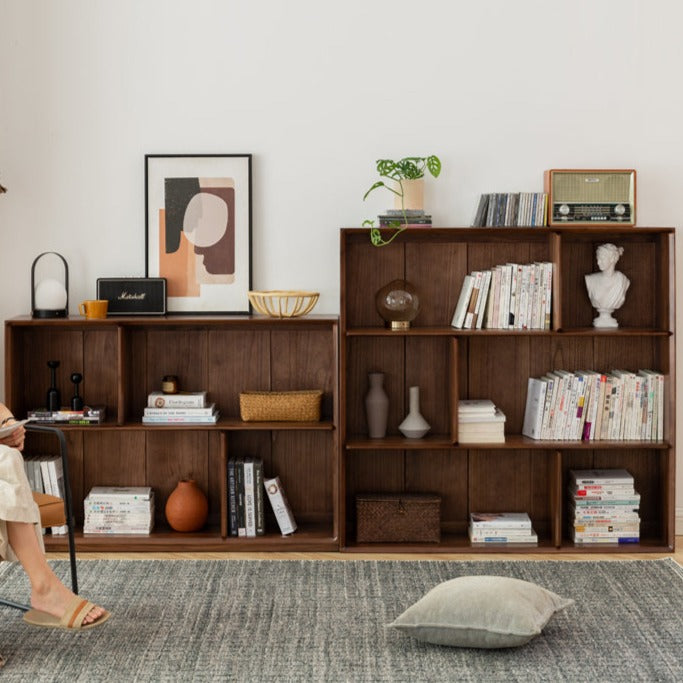 Solid Black Walnut Wood Floor Standing Low Bookcase - Modern Bookshelf with Storage for Living Room, Office & Study | Durable Wooden Shelf for Home Decor & Organization