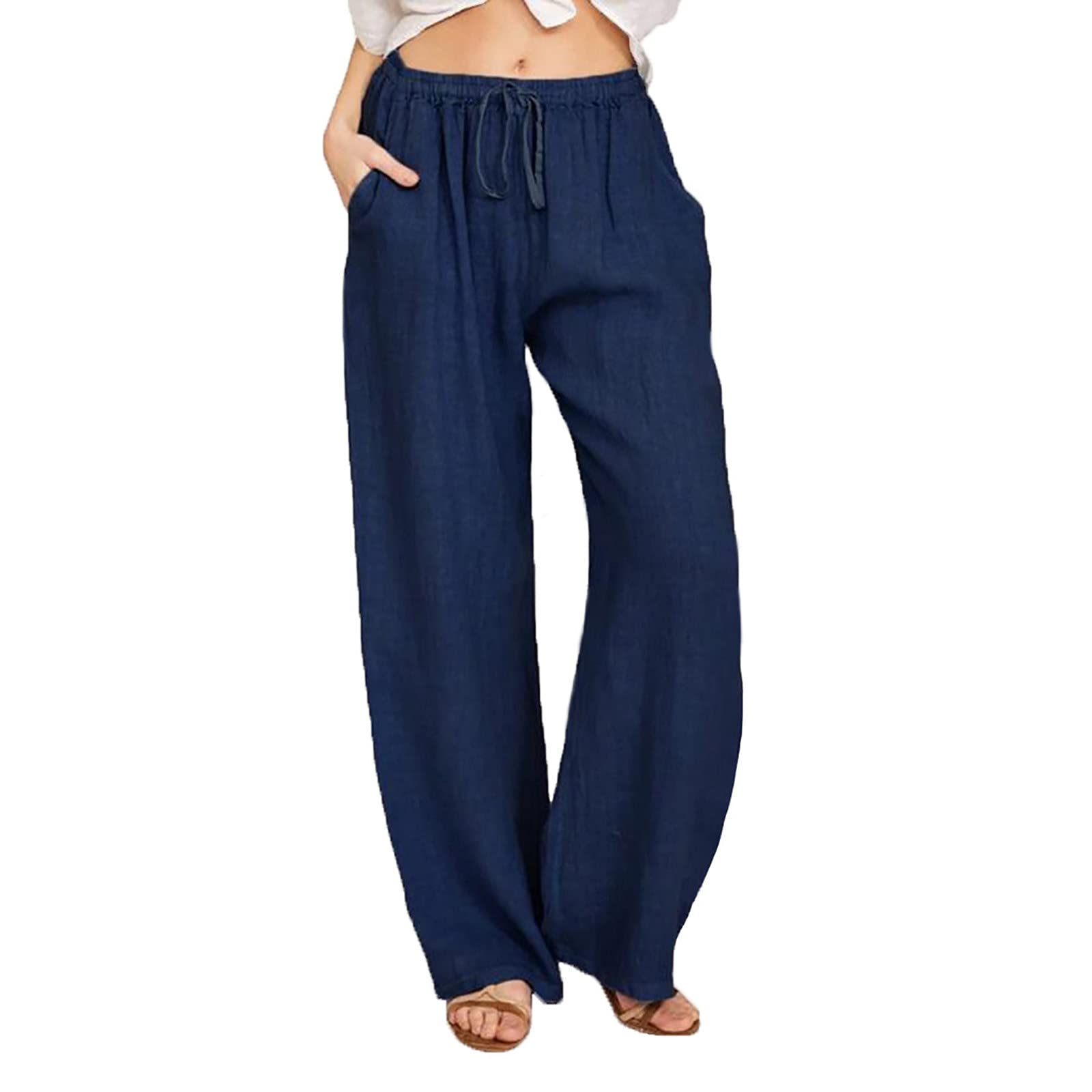Women's Summer Linen Palazzo Pants - Lightweight Wide Leg Beach Pants for Casual Wear