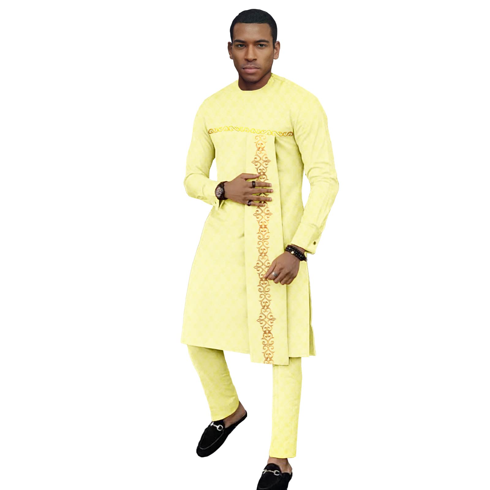 Bazin Riche African Traditional Clothing Set for Men | Dashiki Print Long Coat & Ankara Pants 2-Piece Outfit | Perfect for Weddings, Cultural Events & Special Occasions