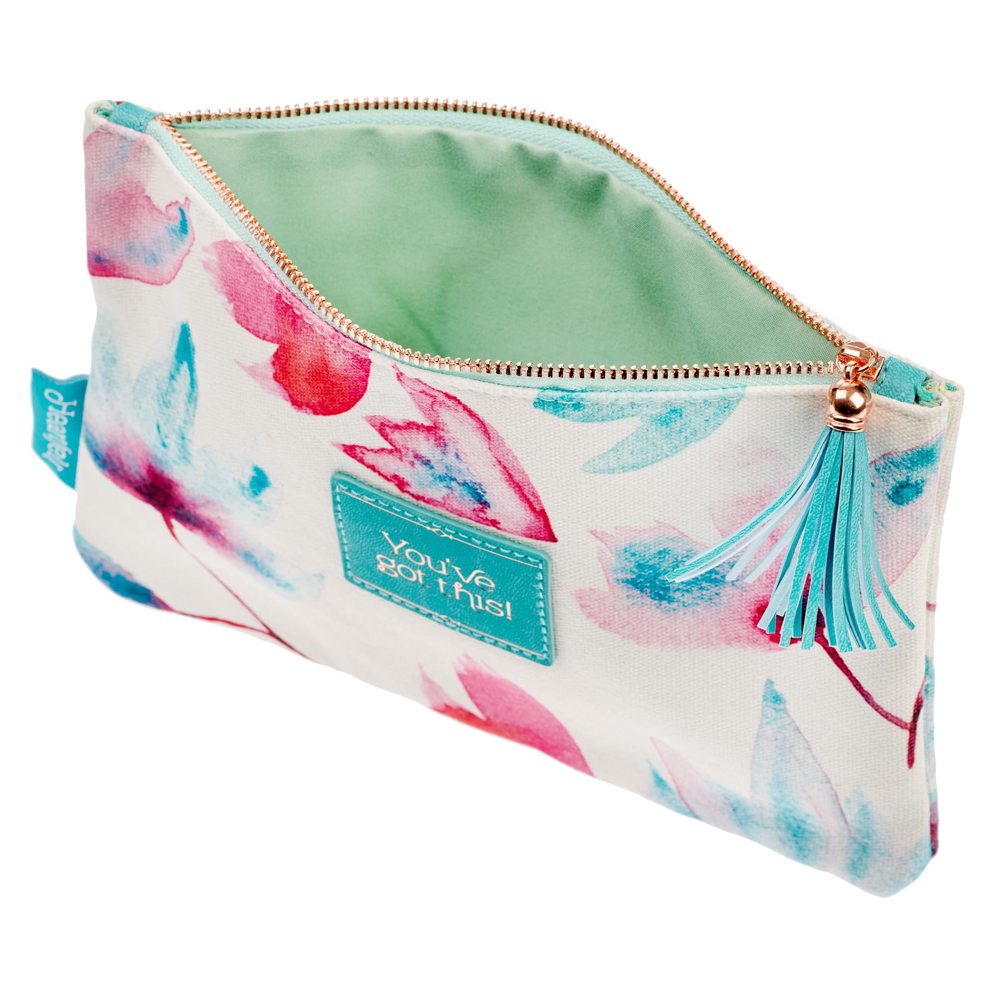 Heartfelt Multi-Purpose Watercolor Canvas Zipper Pouch - Makeup Bag, Travel Organizer for Cosmetics, Toiletries & Essentials (Pink & Teal Floral Design) - Perfect for Travel, Gym, Daily Use & Gift Giving