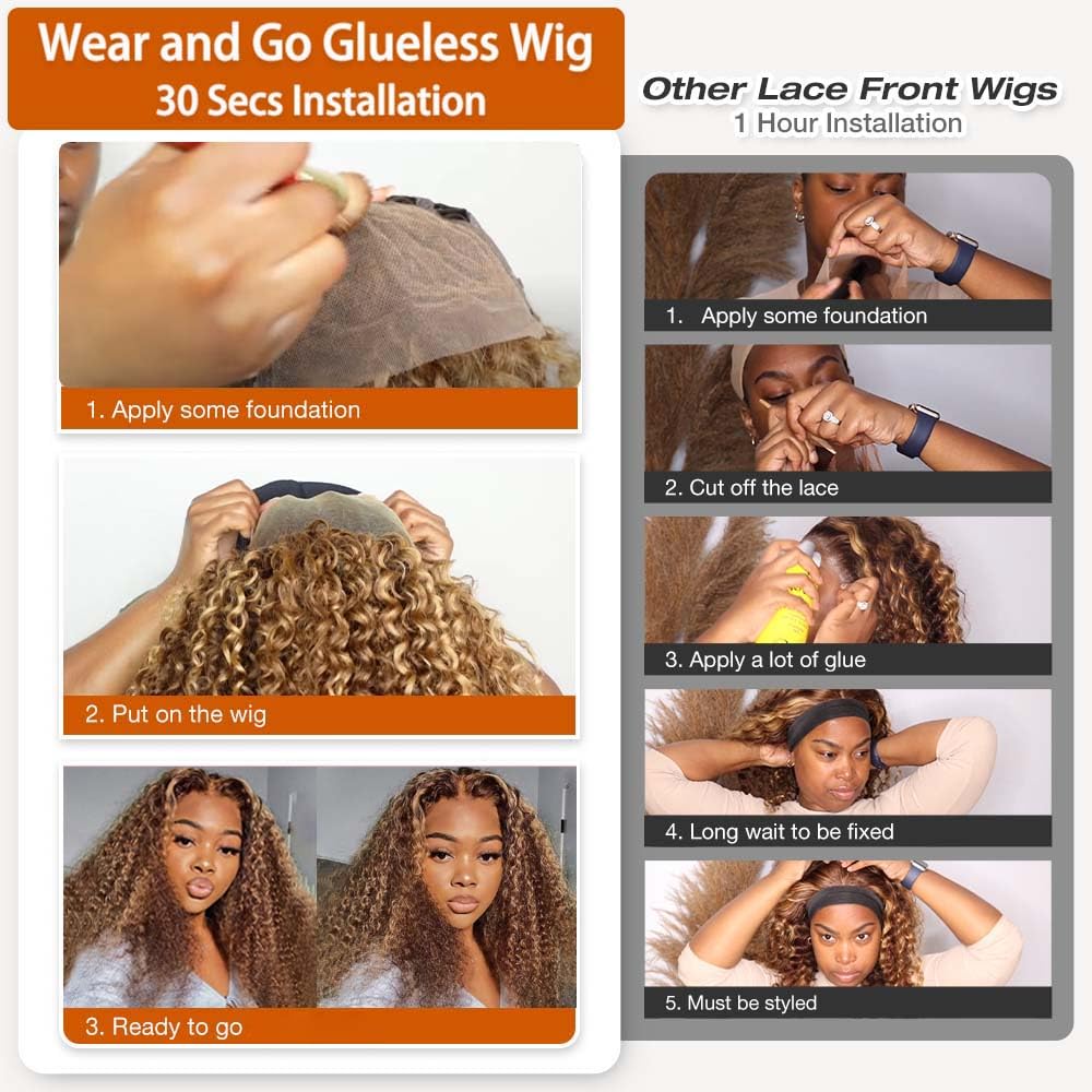 5x5 HD Lace Glueless Curly Human Hair Wig for Black Women - Preplucked Honey Blonde Wet & Wavy Wear & Go Wig for Beginners | Perfect for Daily Wear, Parties & Protective Styling