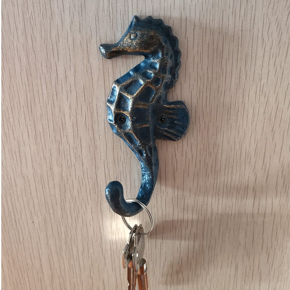 WINTENT Turquoise Patina Cast Iron Seahorse Wall Hooks - Rustic Coastal Decor for Keys, Hats & Towels - Perfect for Beach House, Bathroom & Entryway Organization