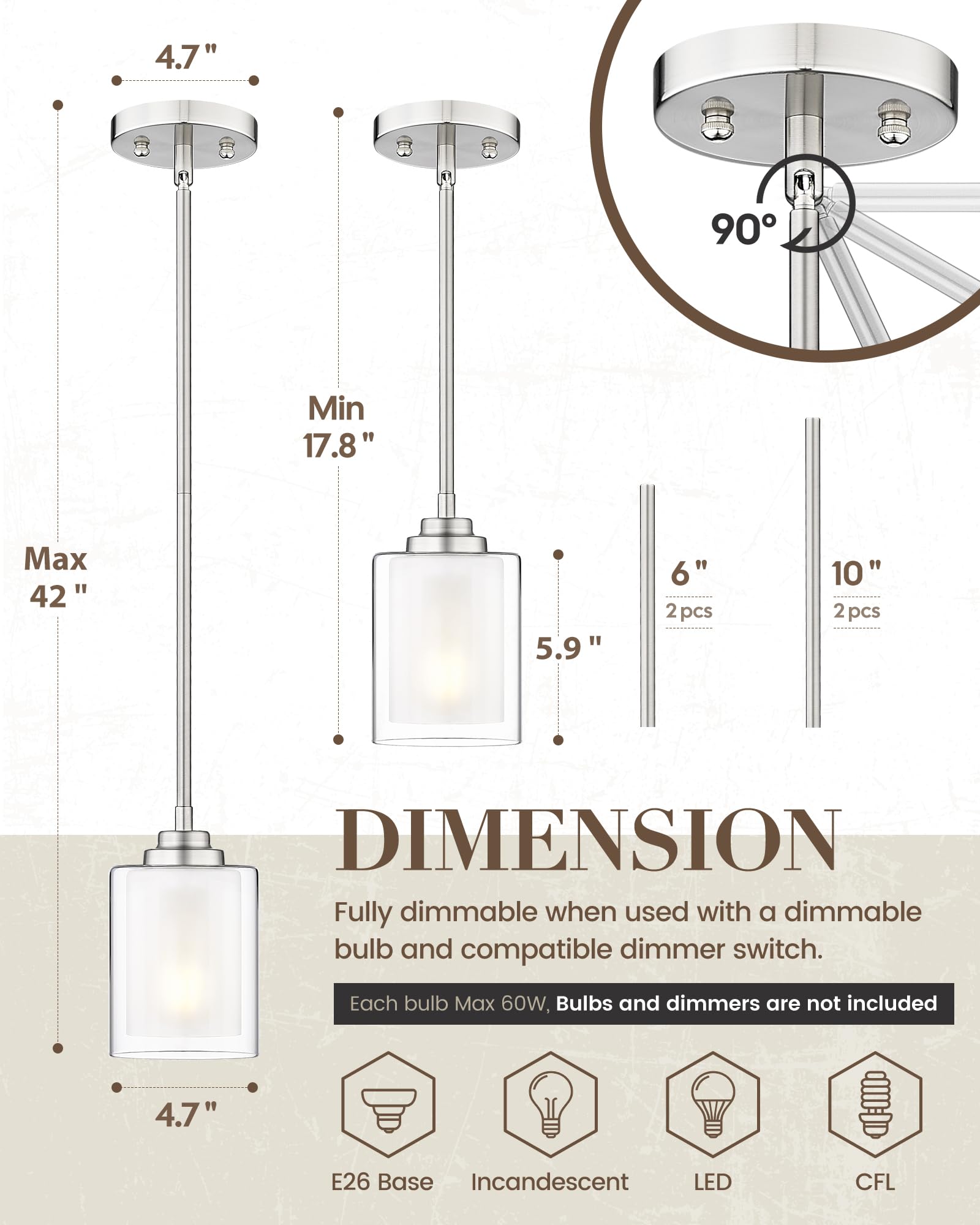TENGXIN Modern Pendant Light with Brushed Nickel Finish - Kitchen Island Hanging Light Fixture for Farmhouse Dining Room, Bedroom, Bar & Office (Model TXPLBN02) - Perfect for Ambient Lighting Over Countertops and Dining Tables