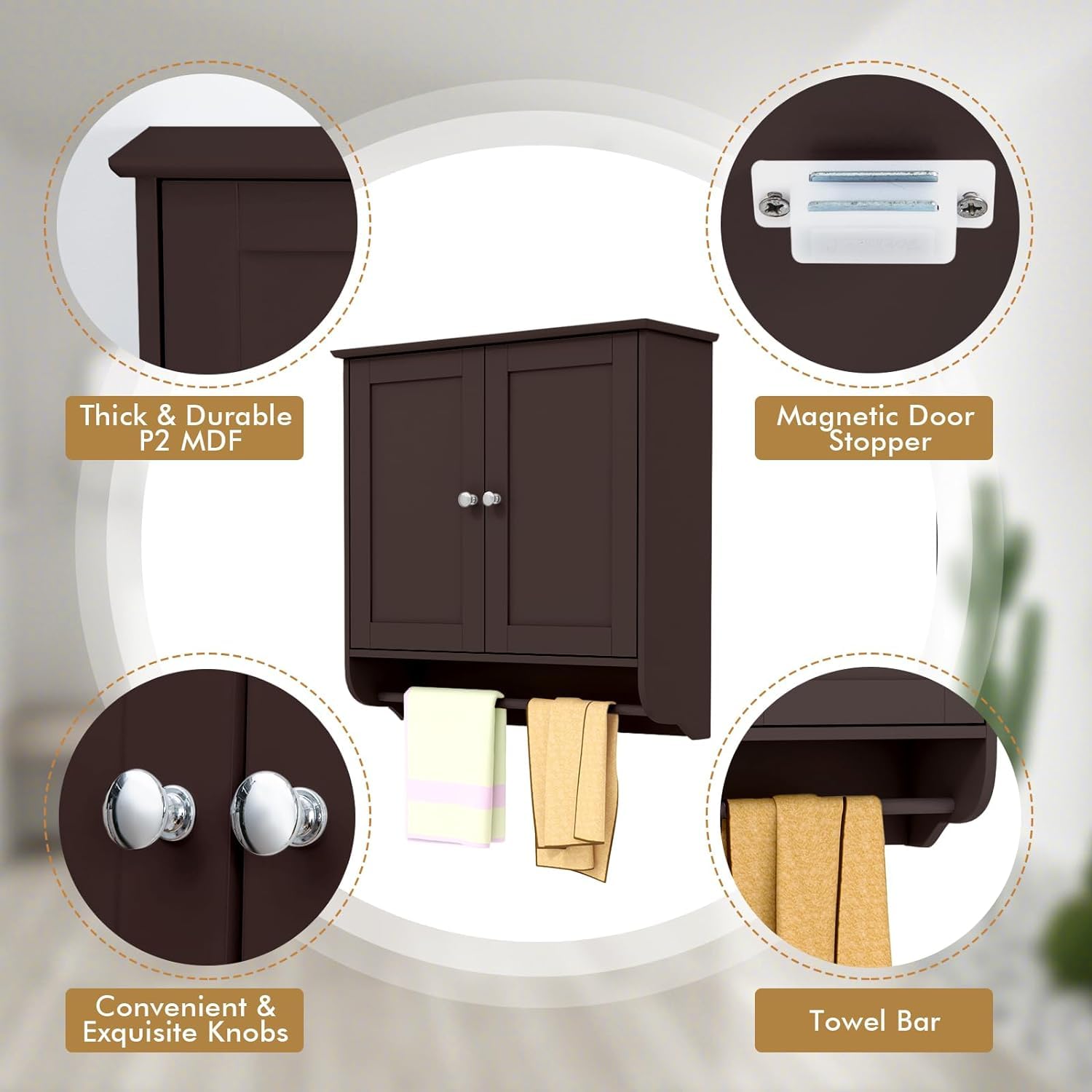 Modern Brown FCH Two-Door Bathroom Storage Cabinet with Upper & Lower Shelves - Kitchen Cupboard, Entryway Organizer for Bathroom, Bedroom & Living Room Storage Solutions
