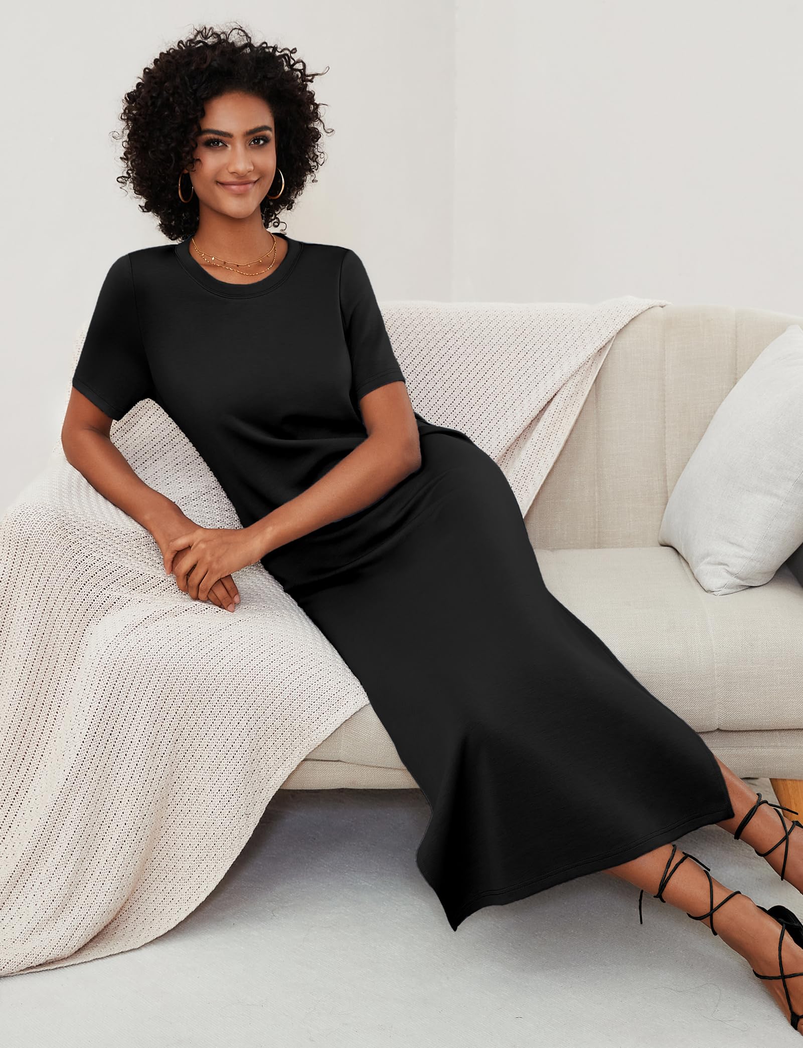 2025 Summer Women's Short Sleeve Double Split Maxi Dress - Casual Striped Loose Long T-Shirt Dress for Beach, Vacation & Everyday Wear