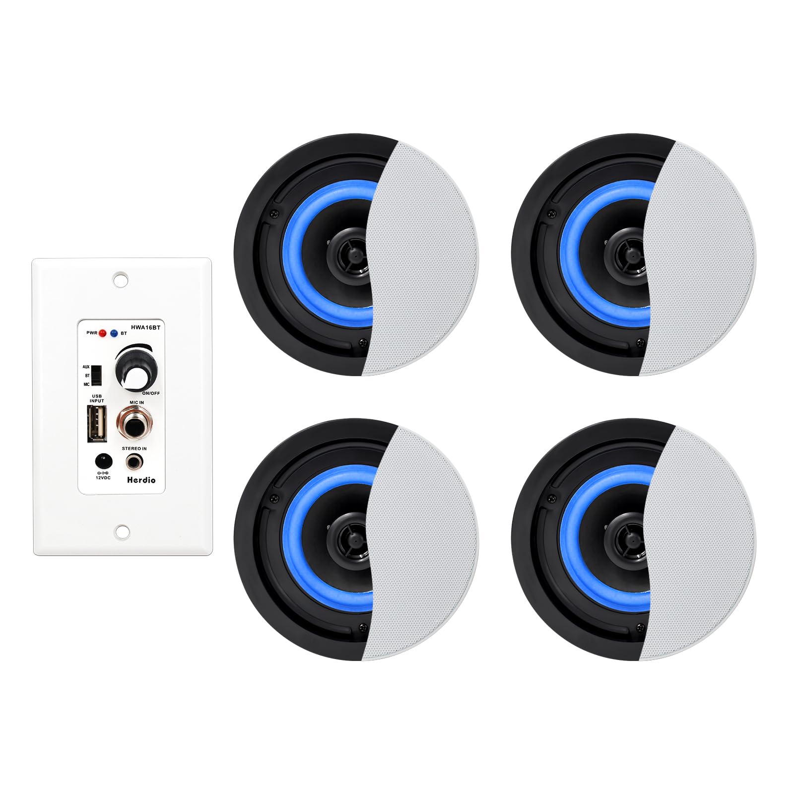 Herdio 4 Inch 2-Way Bluetooth Ceiling Speakers with 4 Channel Amplifier Receiver - Wireless/Wired Home Audio System for Home Theater, Living Room, Office & Outdoor Entertainment (Set of 4)