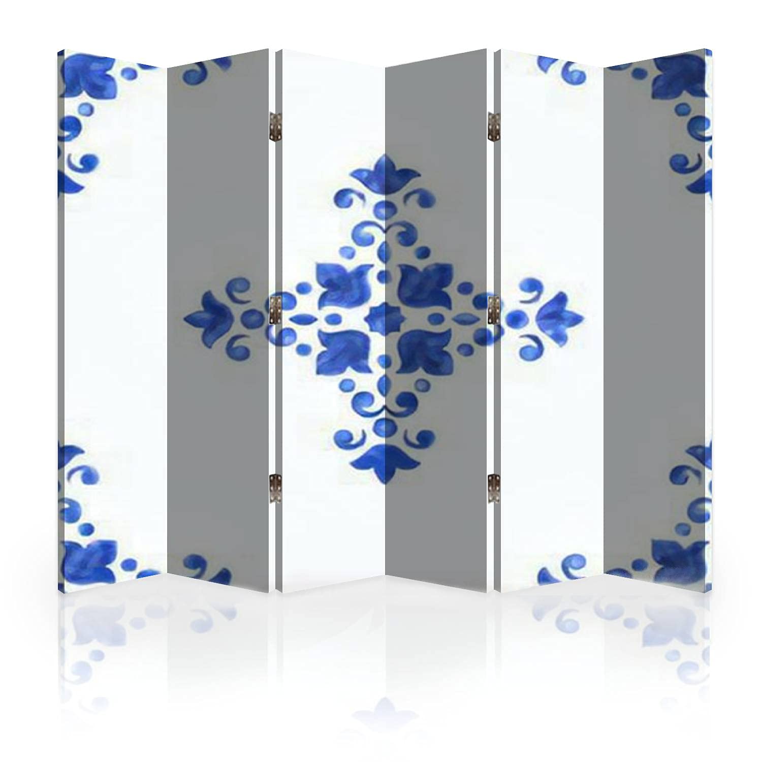 Delft Blue Watercolor Canvas Room Divider - 6 Panel Dutch Ceramic Style Folding Privacy Screen with Seamless Porcelain Pattern | Perfect for Home Office, Living Room Partition & Bedroom Space Divider
