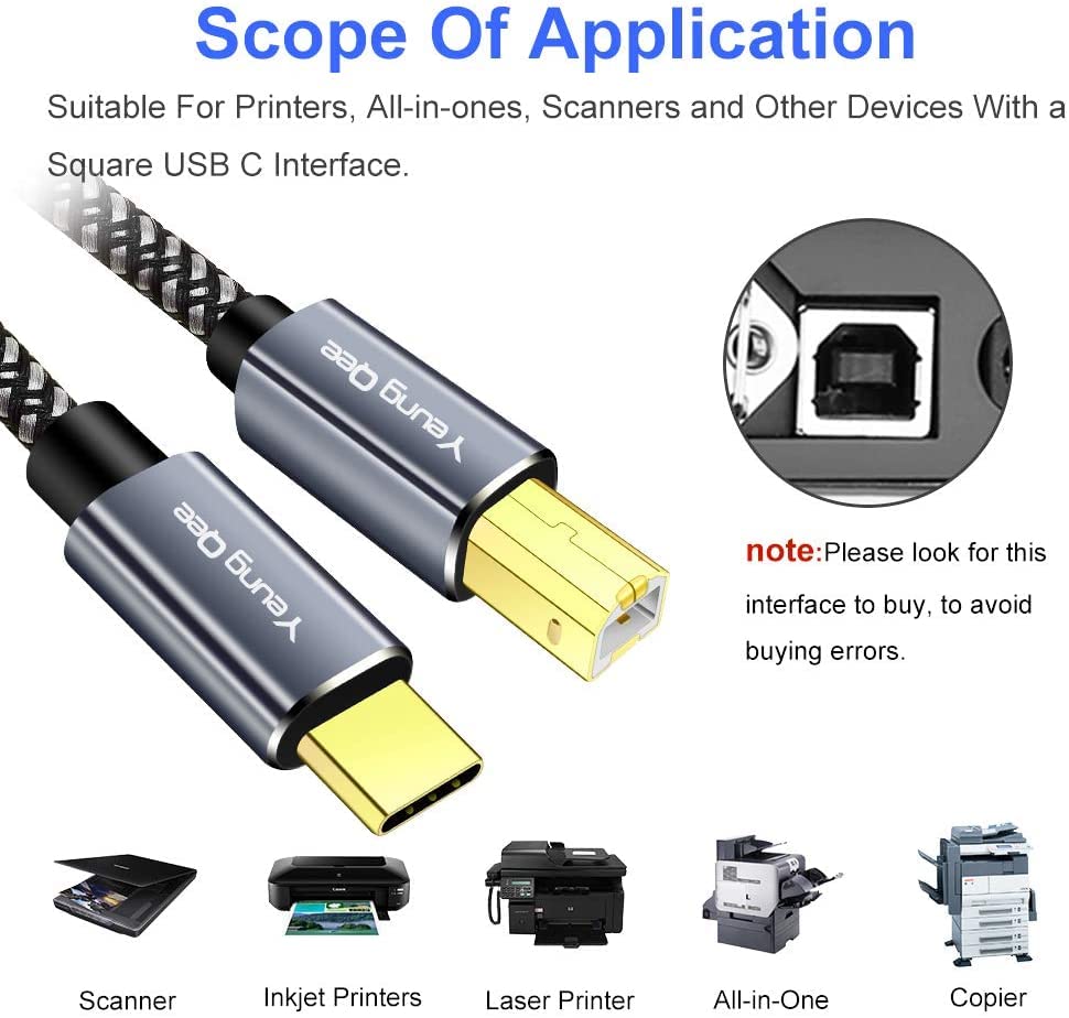 Yeung Qee 8M USB C to USB B Printer Cable - High-Speed Braided USB Type C to USB 2.0 Type B Cable for Brother, HP, Lexmark, Dell, Fax, Samsung Printers & Scanners - Perfect for Office, Home & Professional Printing Setup (8m)