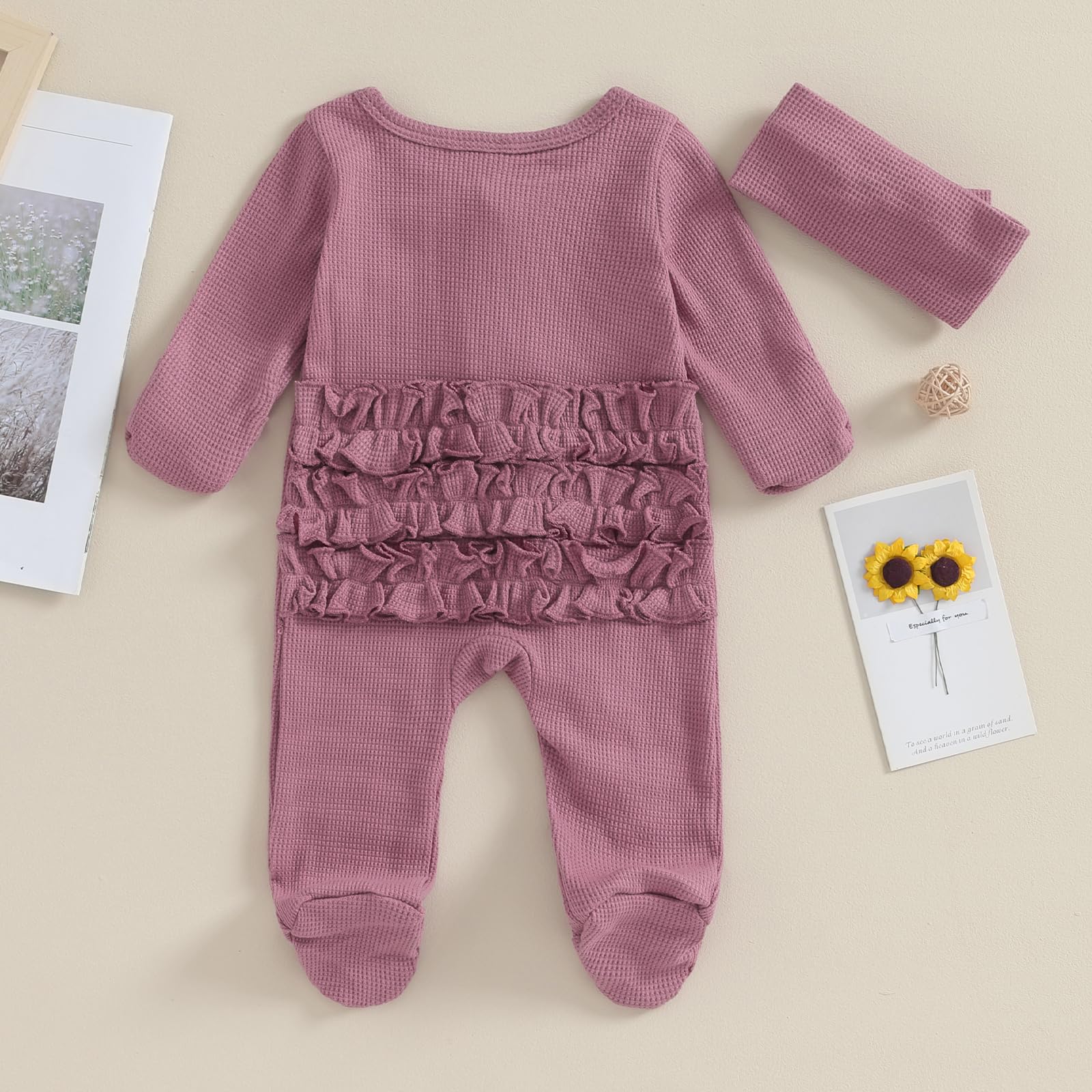 Newborn Baby Girl Waffle Knit Romper with Zippers & Ruffles - Cozy Winter Outfit for Fall & Winter - Perfect for Playdates, Family Photos & Holiday Gatherings