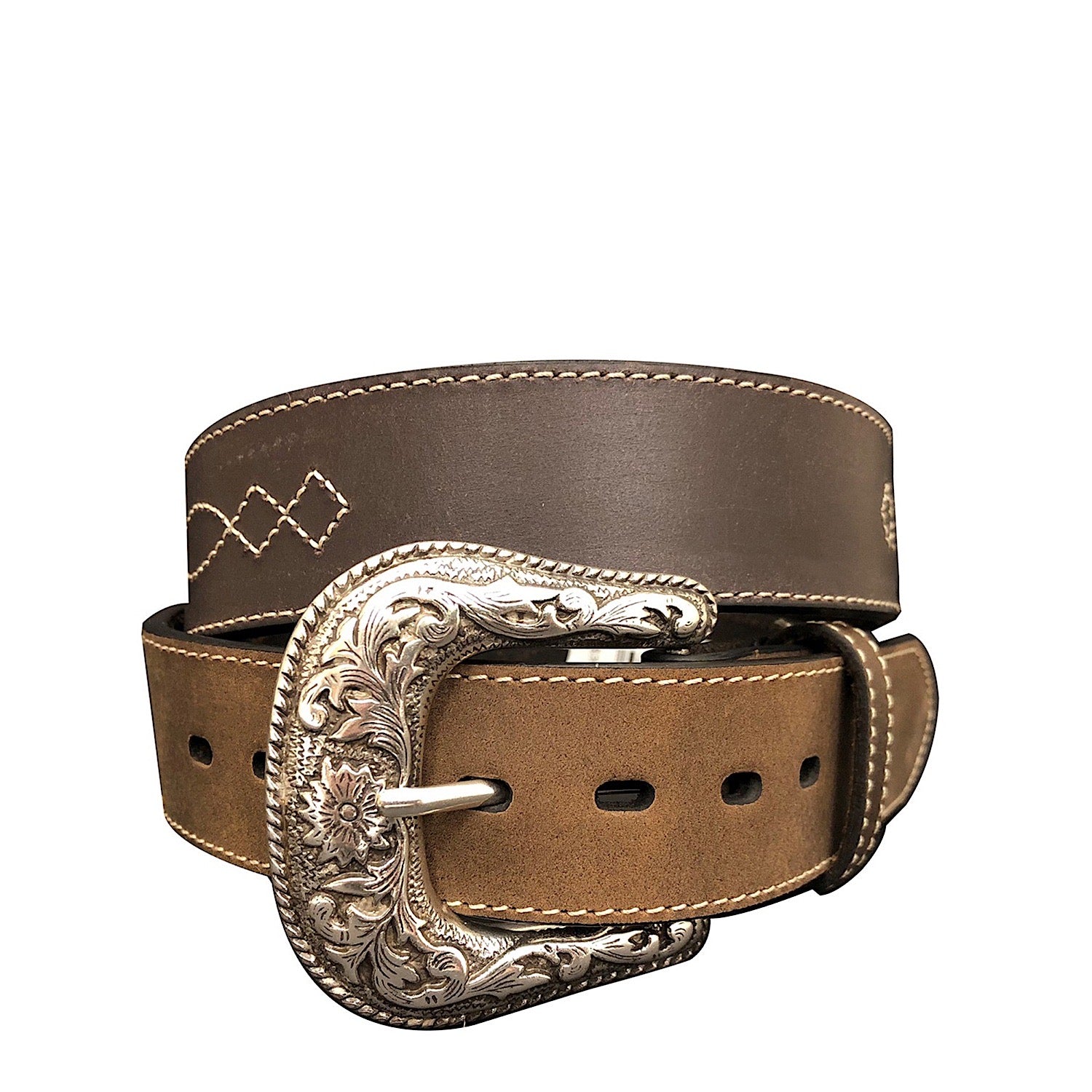 Premium Roper Belt - Genuine Bridle Leather Western Stitch Design in Brown | Durable Cowboy Belt for Rodeo, Ranch Work & Western Fashion