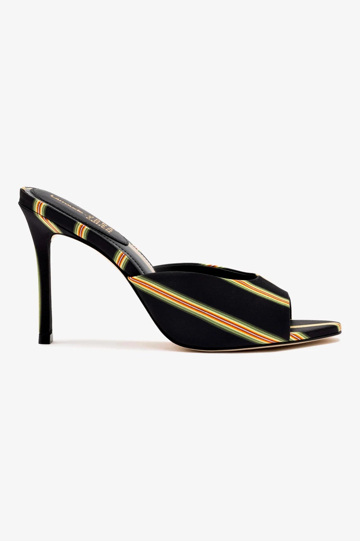 Larroudé x Jonathan Cohen Black Striped Satin Mule Shoes - Elegant Slip-On Loafers for Women, Perfect for Office, Party & Casual Outings