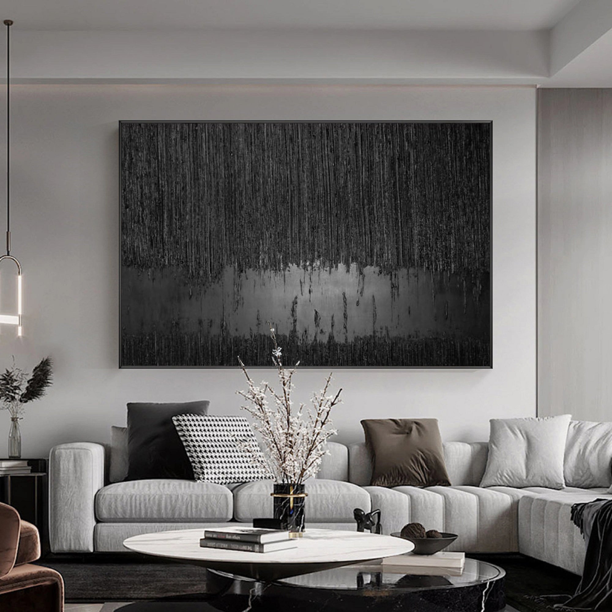 Black Minimalist Textured Abstract Wall Art Painting - Modern Home Decor for Living Room, Bedroom & Office | Premium Canvas Artwork #MZ024