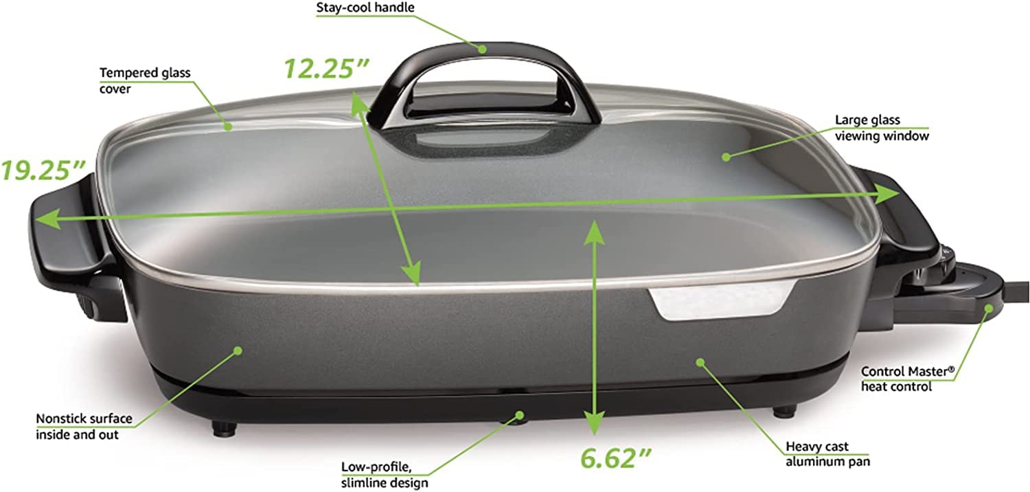 16 Inch Nonstick Electric Skillet with Glass Lid - Large Family Size Electric Frying Pan for Cooking, Stir Frying & Sauteing - Perfect for Home Kitchen, Camping & Dorm Use