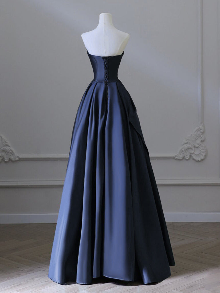 Elegant A-Line V-Neck Satin Dark Blue Long Prom Dress | Formal Evening Gown for Homecoming, Wedding & Special Occasions