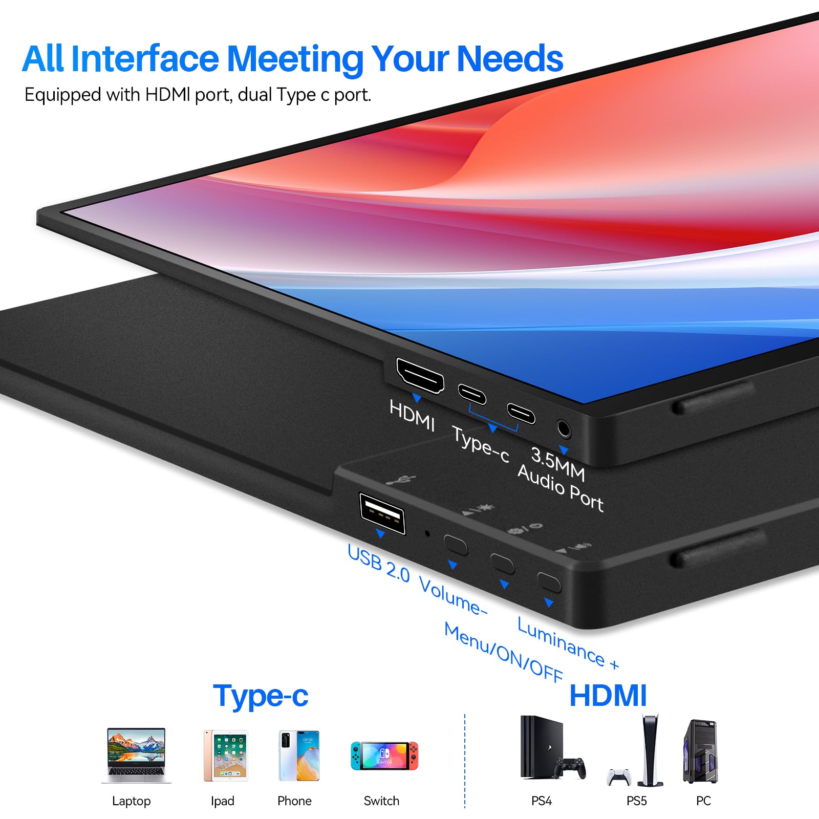 14 Inch Portable Touchscreen Monitor - 1200P FHD IPS HDR Gaming Display, Ultra Slim Bezel-Less Design with Built-in Speakers, VESA Mount Compatible for Laptop, Mac, PC, Xbox, PS5, Nintendo Switch - Perfect for Travel, Work & Gaming